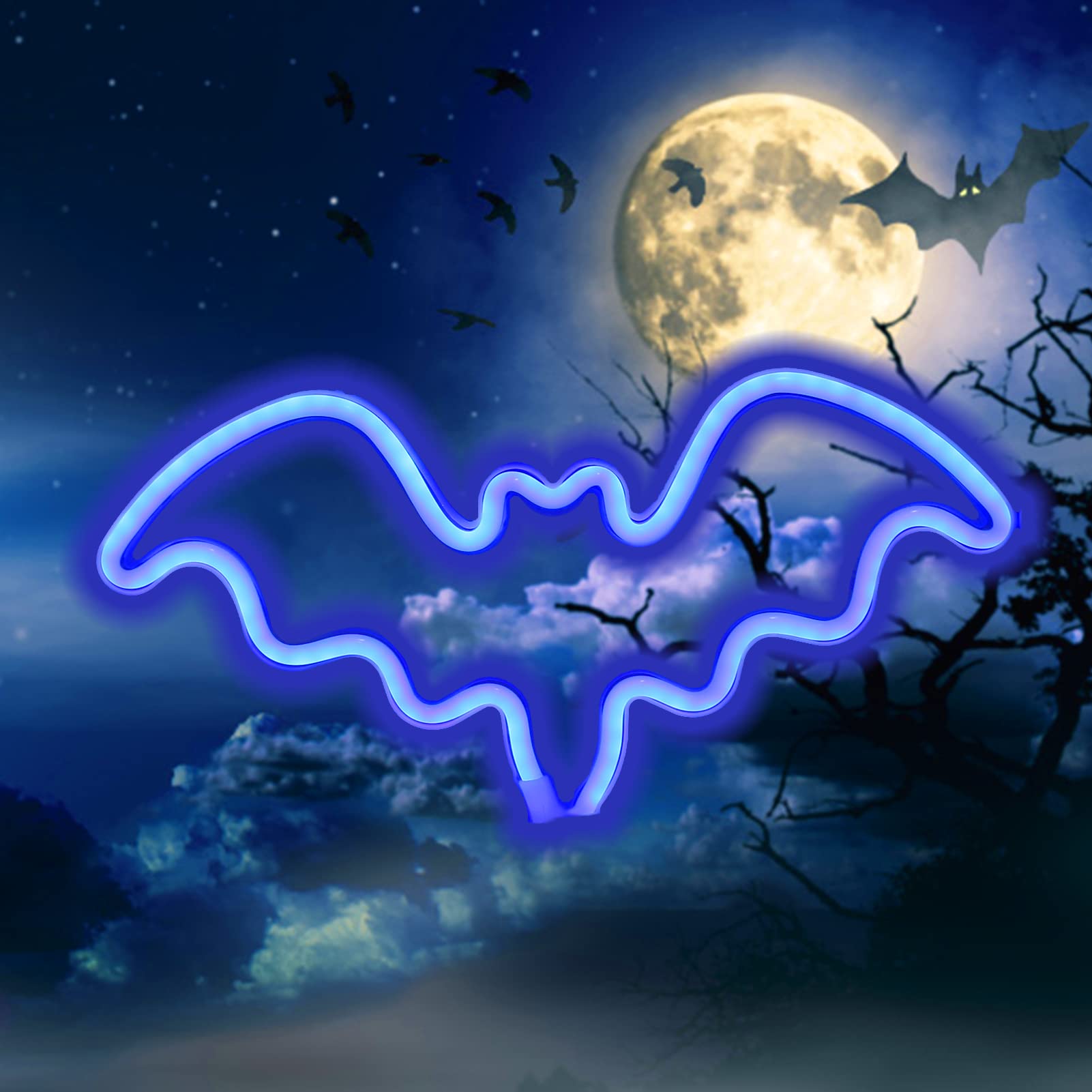 Halloween Bat Neon Sign - LED Wall Decor for Halloween Party, Bar, Room & Kids Gift | Battery Powered Blue Neon Light Lamp for Spooky Home Decor & Themed Events