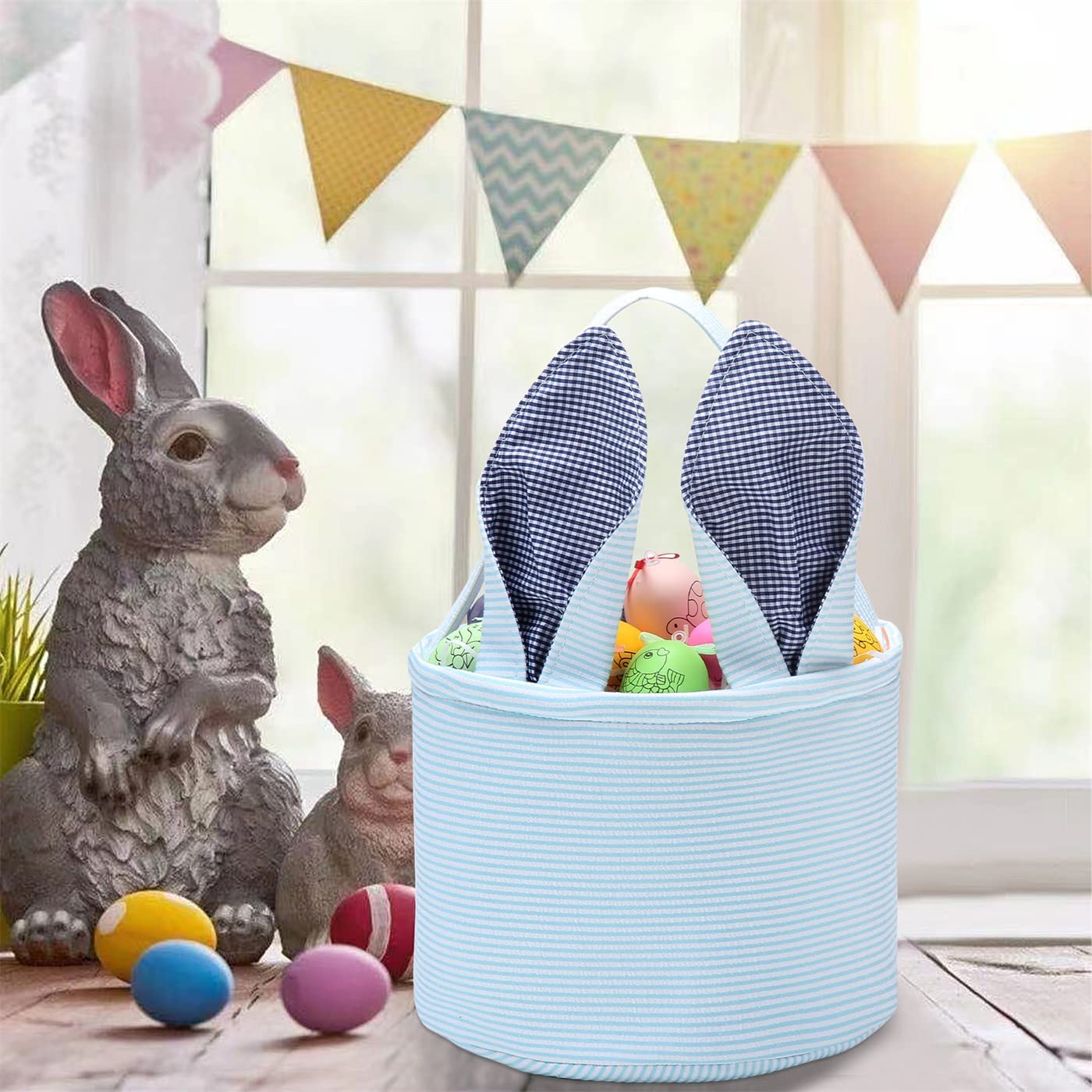 Personalized Easter Bunny Basket Seersucker Egg Bag for Kids - Blue Fluffy Tail Candy Egg Basket, Rabbit Themed Boy Girl Easter Gift Bucket | Perfect for Easter Egg Hunts, Party Favors & Spring Celebrations