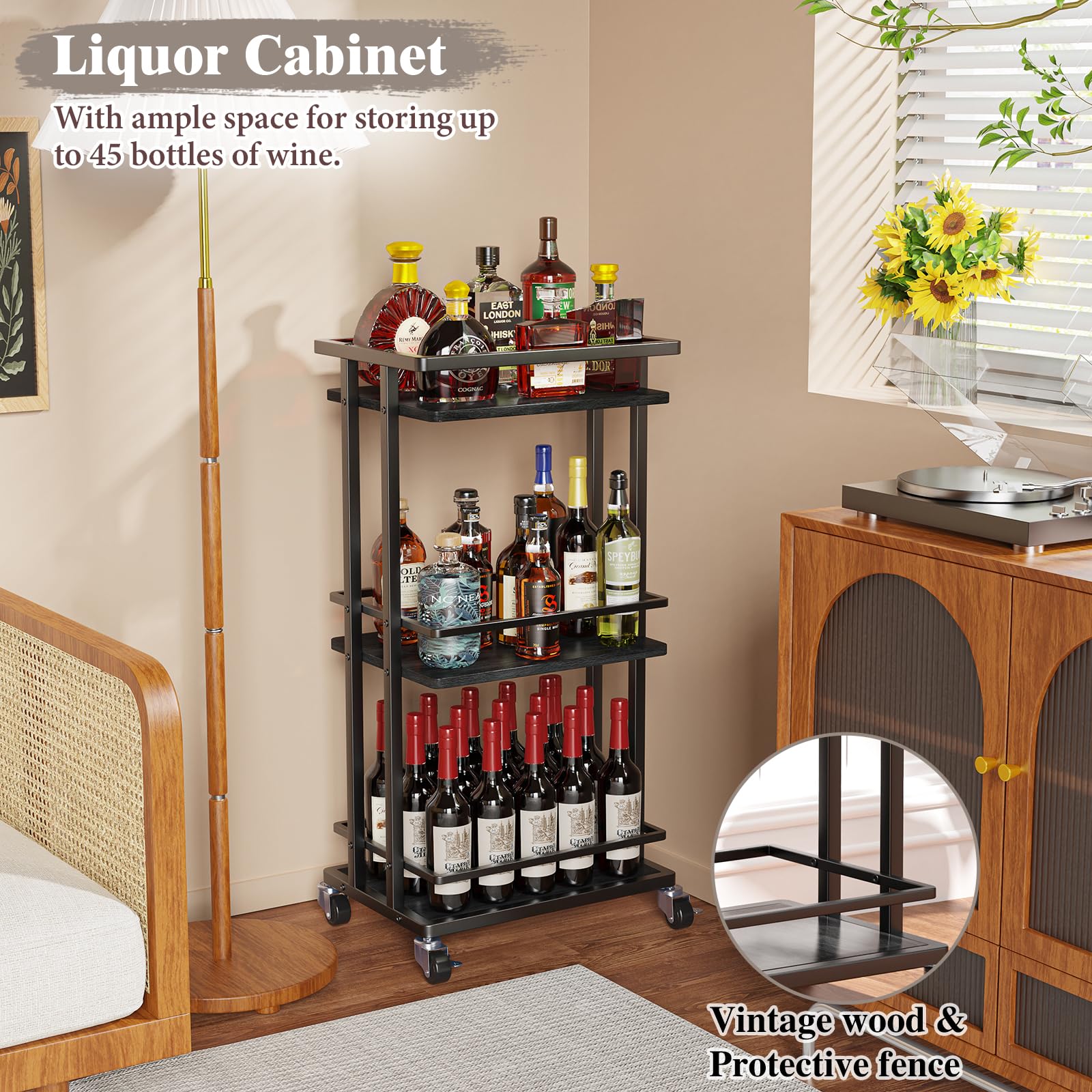 3 Tier Rolling Bar Cart - Portable Mini Liquor Cabinet for Wine, Beverages & Dinner Parties | Kitchen Storage Island & Serving Cart with Wheels | Coffee Bar Station for Living Room, Dining & Kitchen | Black | Perfect for Home Entertaining & Small Space Storage