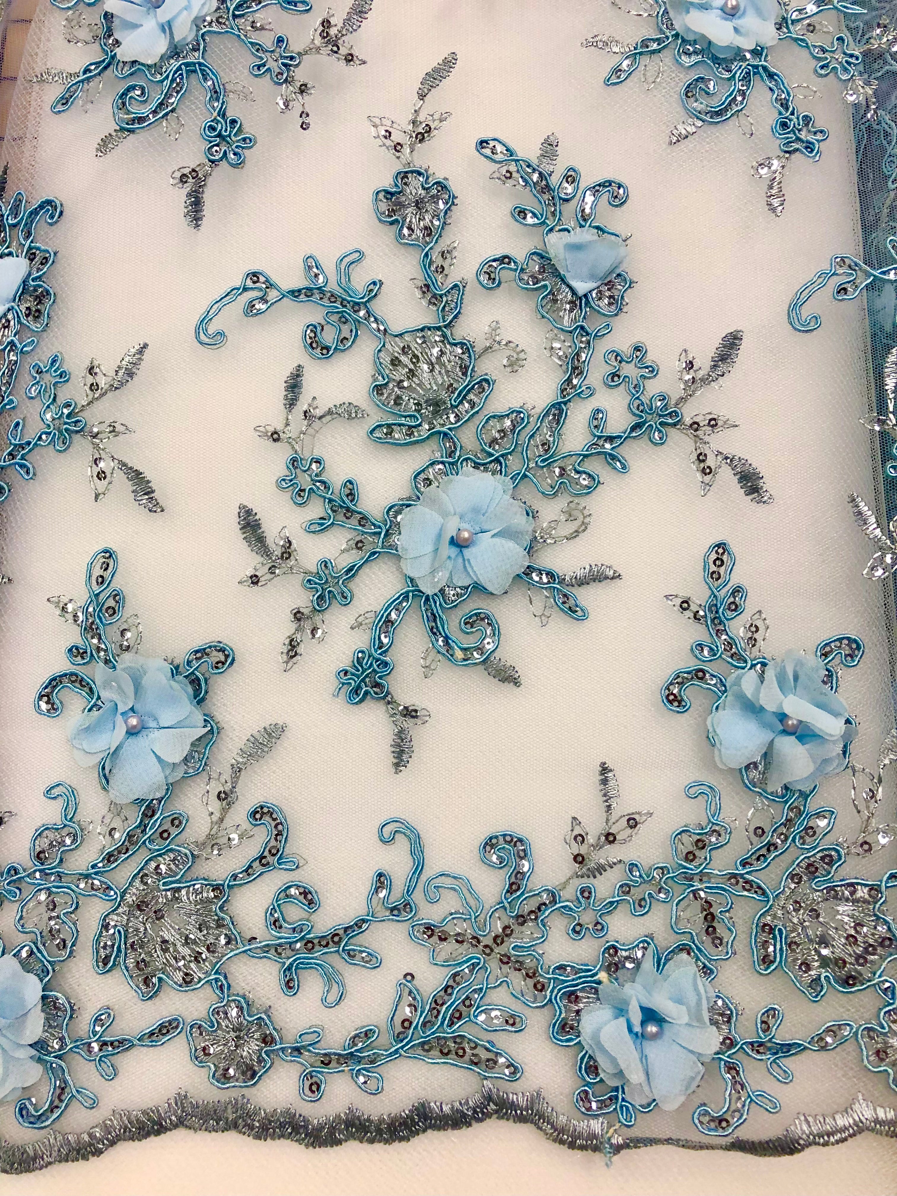 52-inch Wide Blue 3D Embroidered Sequined Lace Fabric - Elegant Corded Trim for Wedding Dresses, Home Decor & DIY Crafts
