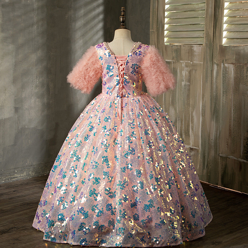 Elegant Flower Girl Dress for Girls - Sparkling Sequins Puffy Pageant Communion Birthday Party Dress - Perfect for Weddings, Special Occasions & Photo Shoots