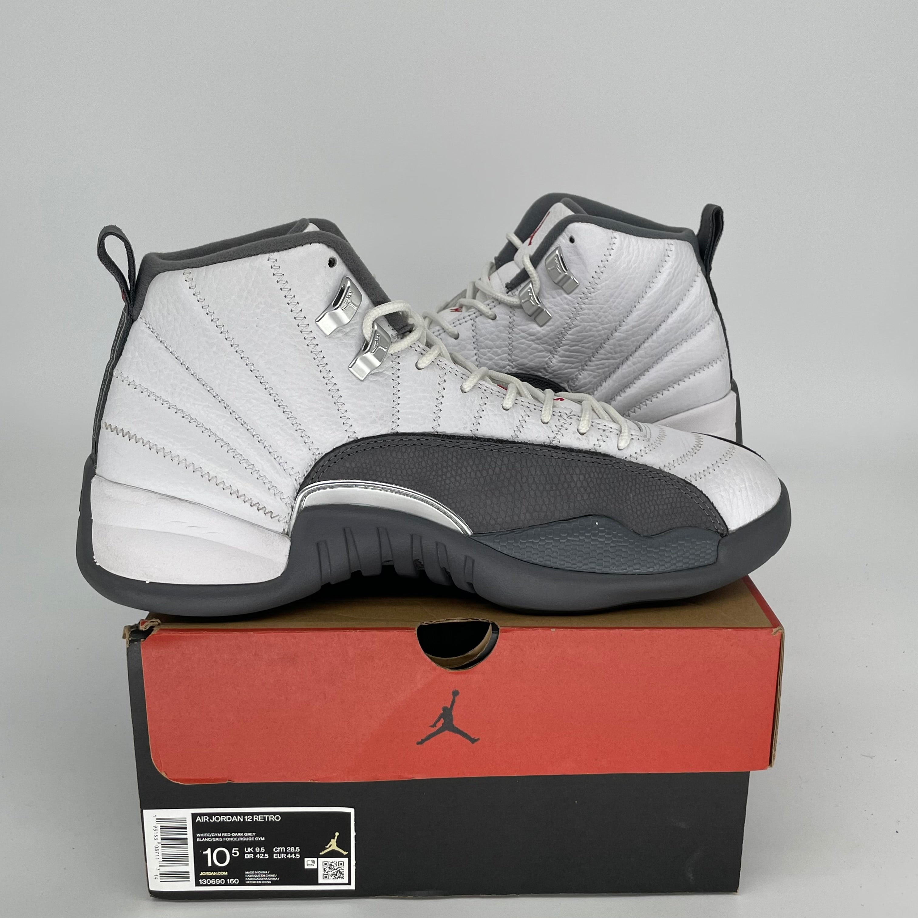 Original Air Jordan 12 Retro Basketball Shoes - White/Dark Grey - Size 10.5 (Style Code: 130690-160) | Authentic Men's Sneakers for Sports, Streetwear & Casual Outfits