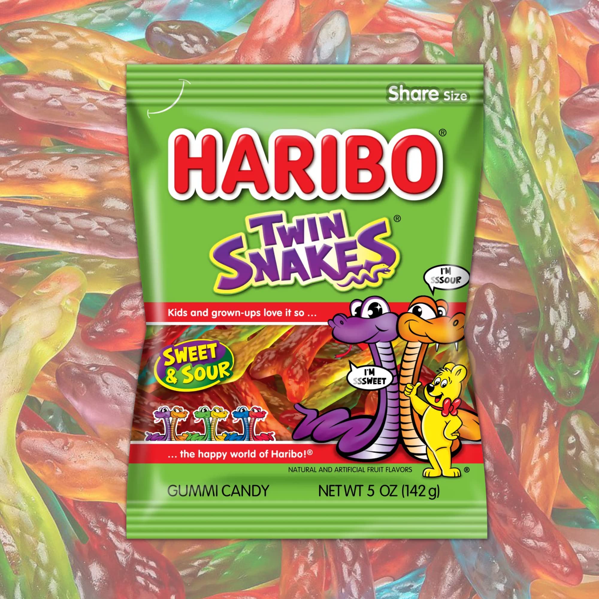 Sweet and Sour Twin Snake Gummy Candy - Chewy Fruit Flavored Gummies (5oz, Pack of 3) | Perfect for Summer Snacks, Ice Cream Toppings & Party Favors | Shareable Bulk Candy for Kids & Adults