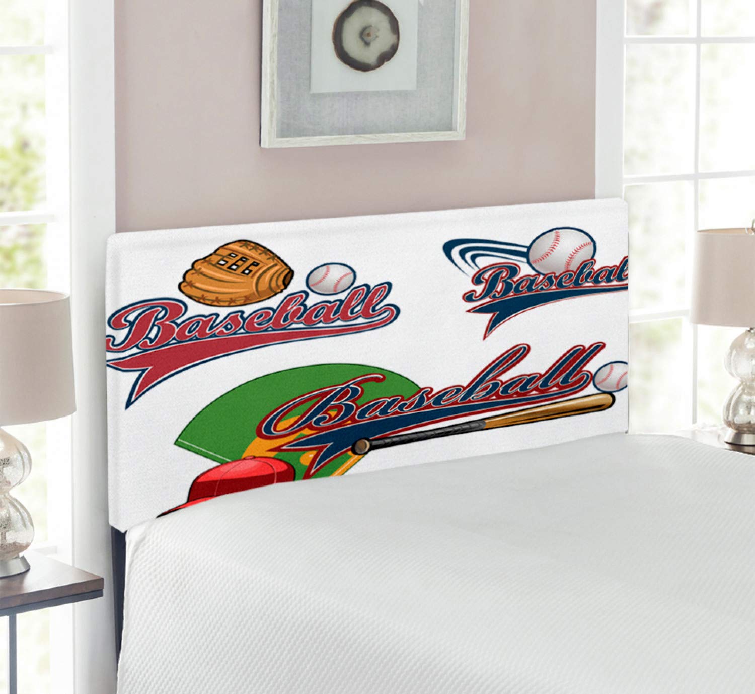 Ambesonne Sports Headboard - Baseball Mitt, Bat & Hardball Design Upholstered Metal Bed Headboard with Memory Foam, Twin Size, Multicolor - Perfect for Sports Themed Bedrooms, Kids Rooms & Baseball Fan Decor