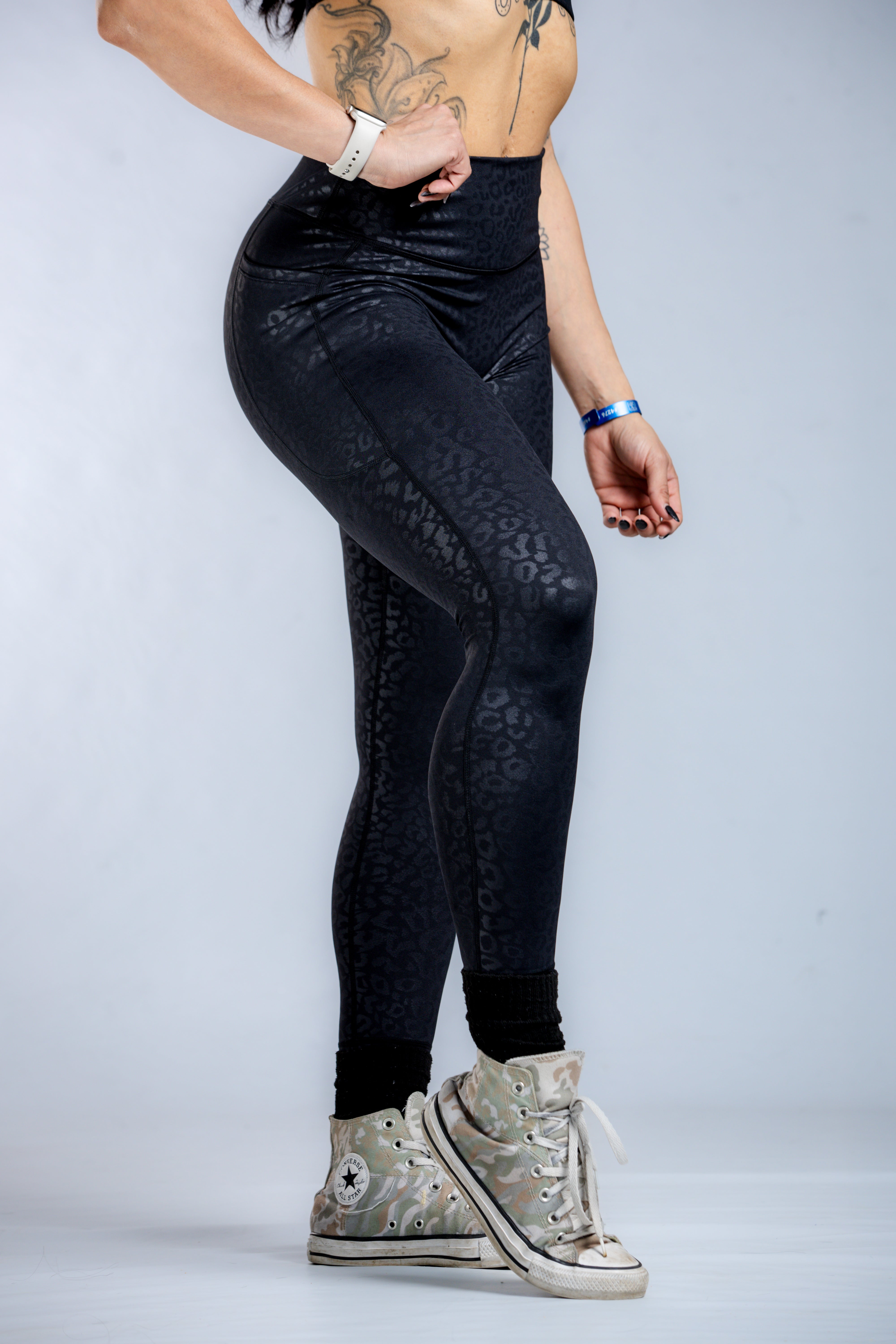 Empowered High-Waisted Yoga Leggings with Pockets - Black Leopard Print | Women's Workout Pants for Gym, Running & Lounge Wear