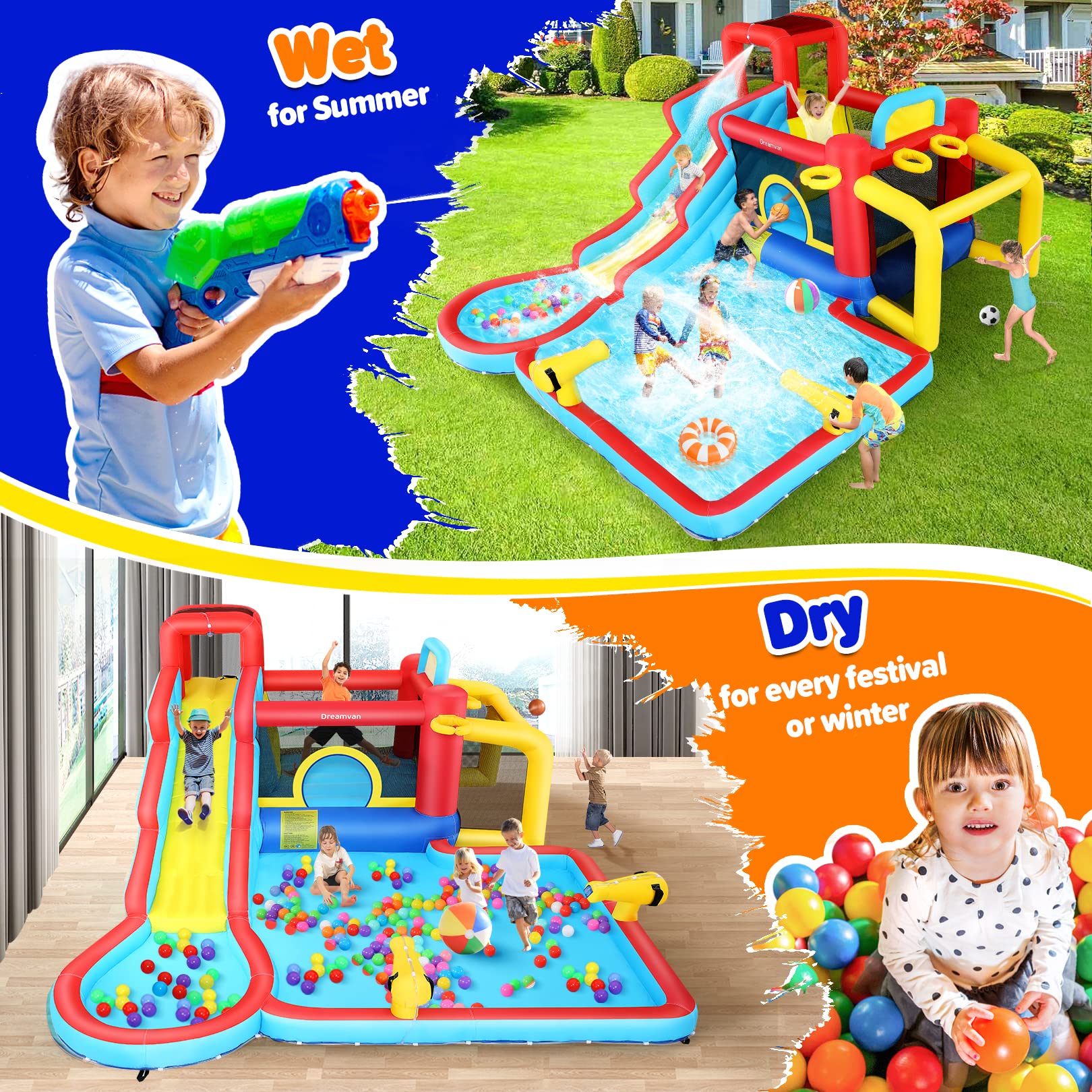 **AKEYDIY 13-in-1 Inflatable Water Slide Bounce House with Waterfall Waves - Kids Backyard Water Park, Splash & Blast Bouncer, Ball Toss, Soccer Gate | Perfect for Summer Parties, Birthdays, and Outdoor Family Fun**
