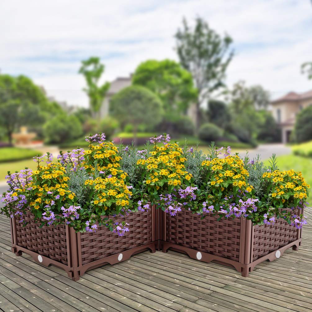 BAOYOUNI L-Shaped Corner Raised Garden Bed Kit - Plastic Planter Box for Vegetables, Herbs, Flowers & Succulents - Indoor Balcony, Outdoor Patio & Backyard Gardening Container (Brown) - Perfect for Small Space Gardening & Home Decor