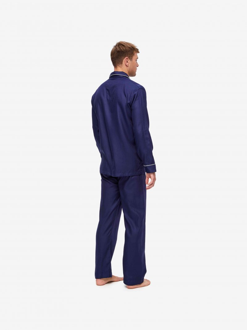 DEREK ROSE Lombard 6 Cotton Jacquard Classic Fit Pajama Set for Men - Navy Blue Sleepwear | Comfortable & Breathable for Nighttime & Lounging