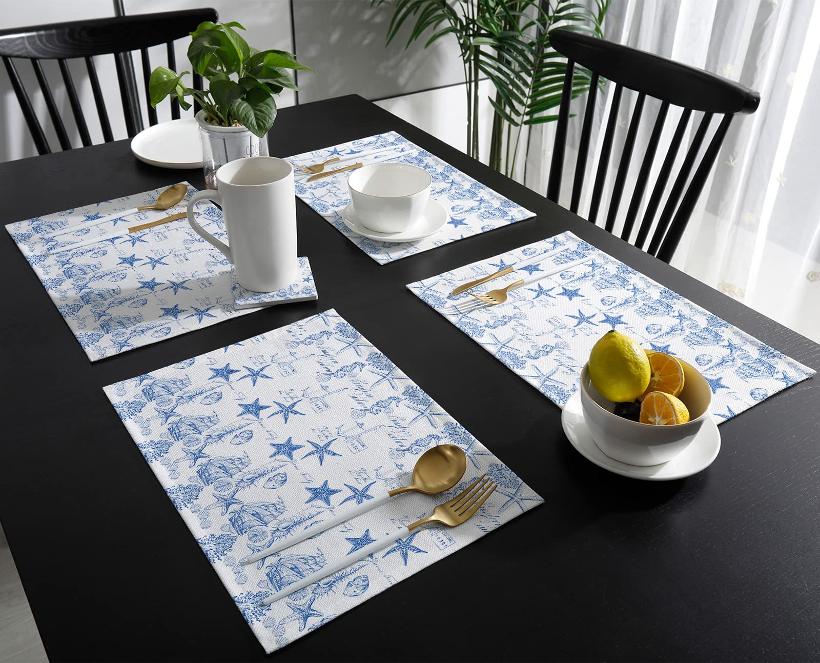 IDOWMAT Set of 4 Starfish Shell Coral Anchor Texture Blue Placemats - Spill Proof, Washable & Heatproof Table Mats for Dining - Perfect for Indoor & Outdoor Use at Home, Restaurants, or Beach Parties
