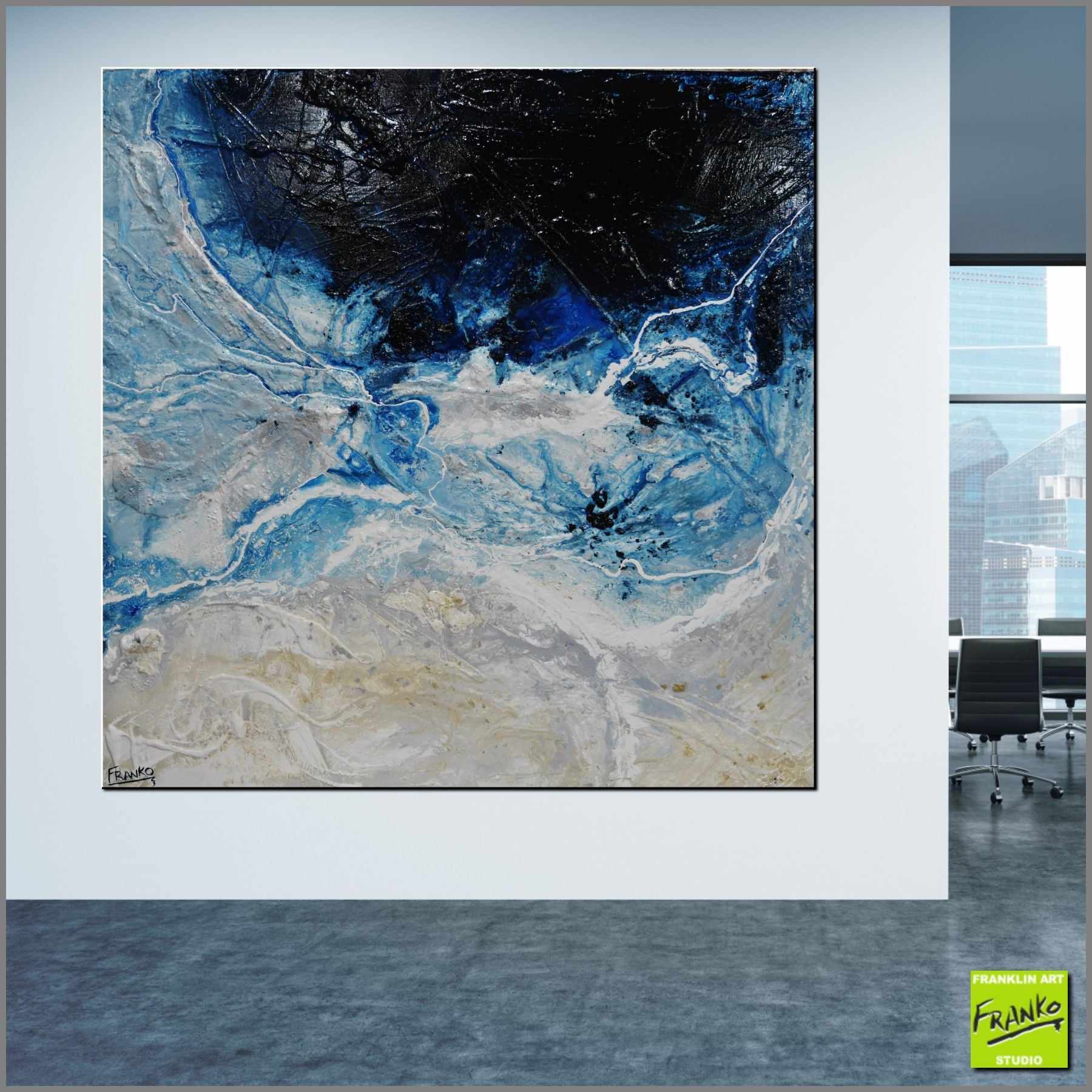 Blue Rapture 150x150cm Blue Grey Textured Abstract Canvas Art - Modern Wall Decor for Living Room, Bedroom & Office
