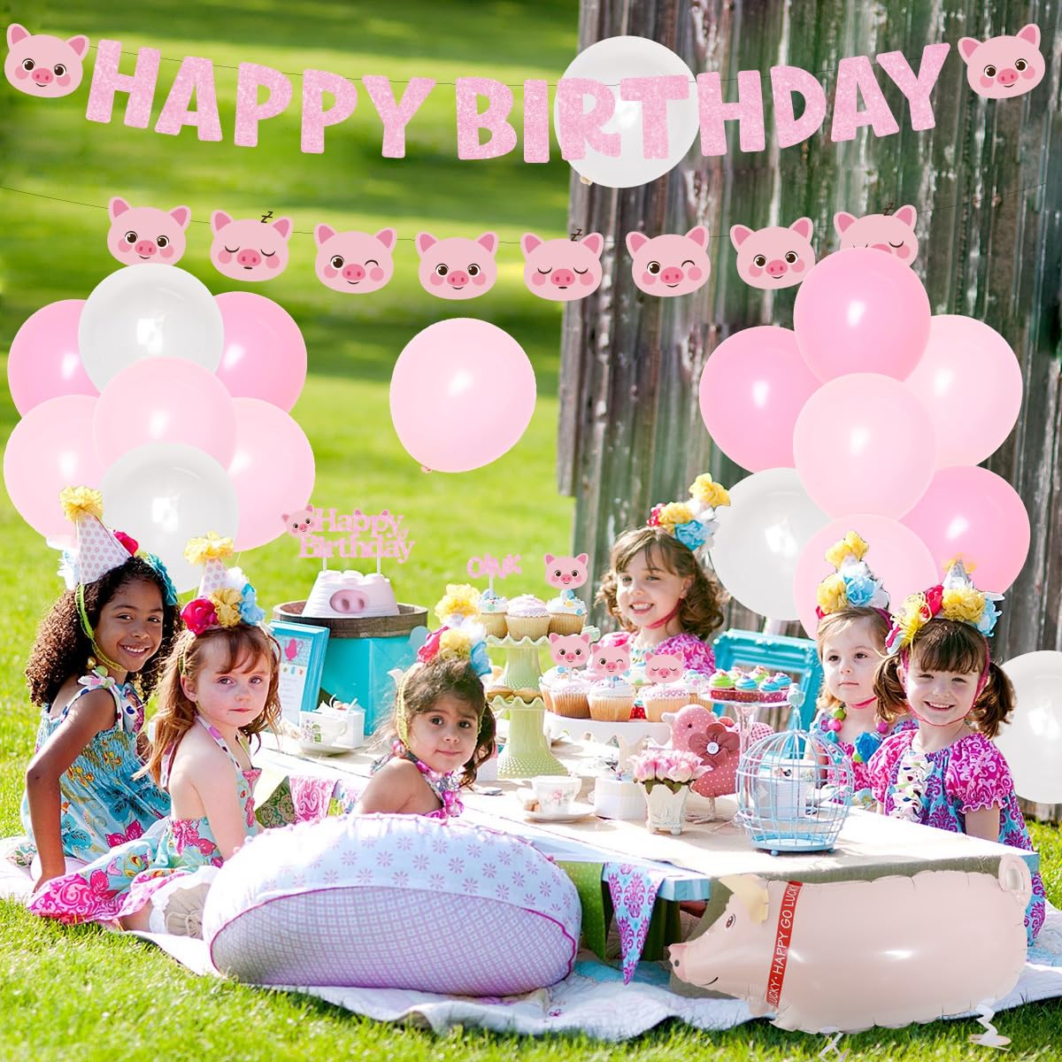 Pink Pig Birthday Party Decorations - Happy Birthday Banner, Garland & Cake Toppers for Girls Birthday, Baby Shower | Perfect for Themed Parties, 1st Birthday Celebrations & Nursery Decor