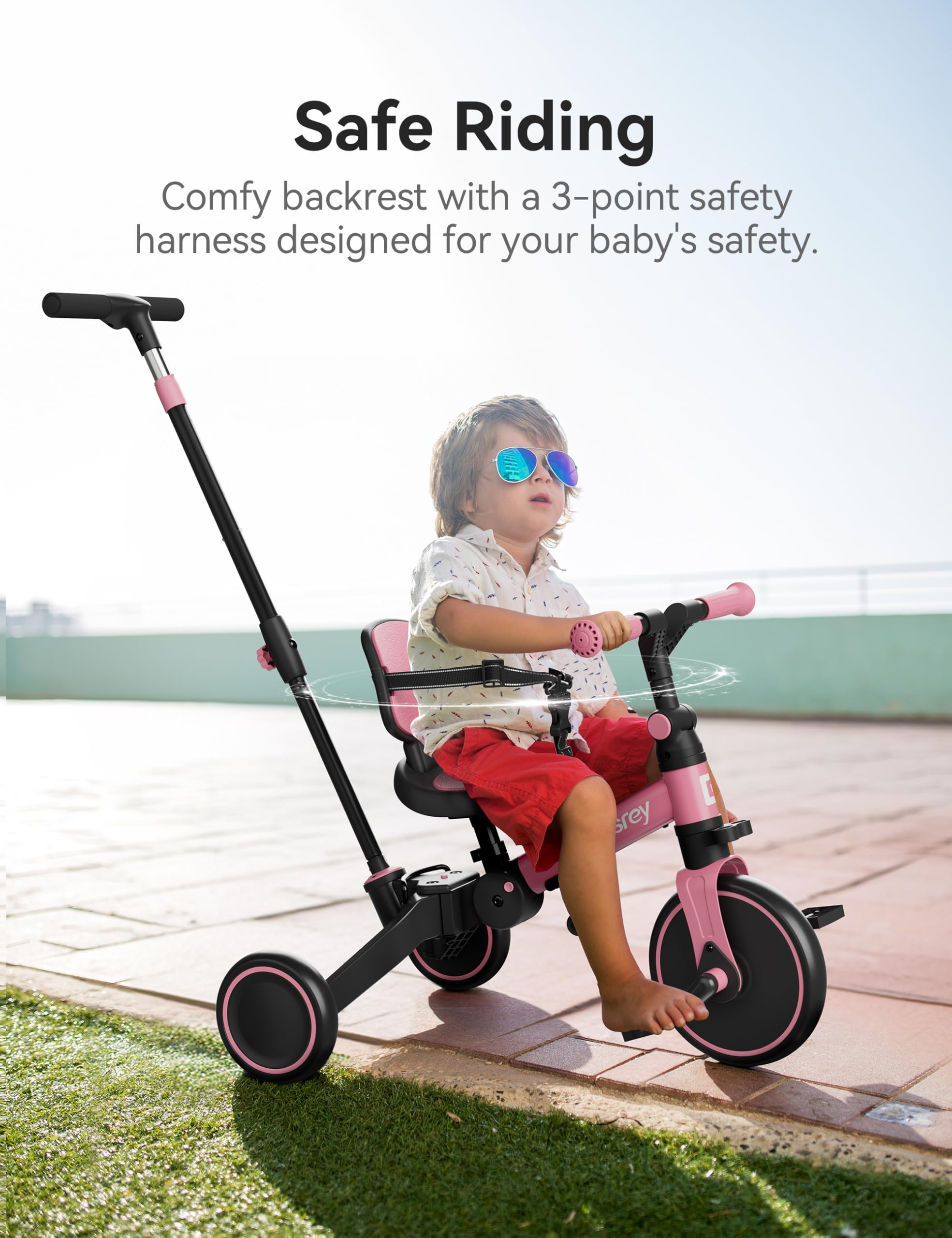 Besrey 5-in-1 Toddler Bike & Tricycle for 1-3 Year Olds - Adjustable Push Handle, Safety Belt & Backrest - Perfect Balance Bike & Birthday Gift for Boys & Girls - Ideal for Outdoor Play, Learning to Ride & Backyard Fun