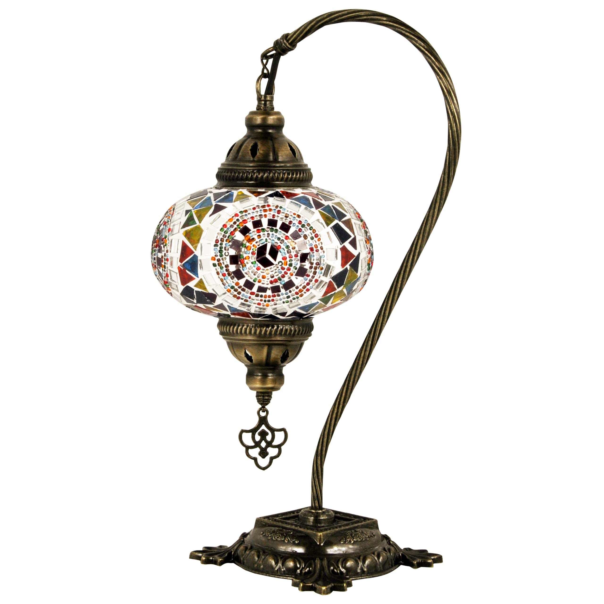 Handmade Turkish Mosaic Table Lamp with Bronze Base & Swan Neck Design - Tiffany Style Stained Glass Bedside Night Light with LED Bulb for Living Room, Bedroom & Home Decor