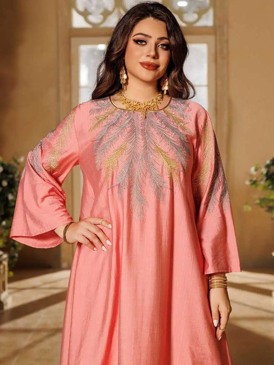 Elegant Eid Embroidered Hotfix Rhinestone Caftan Kaftan Dress for Women - Perfect for Holiday Parties, Weddings & Special Occasions