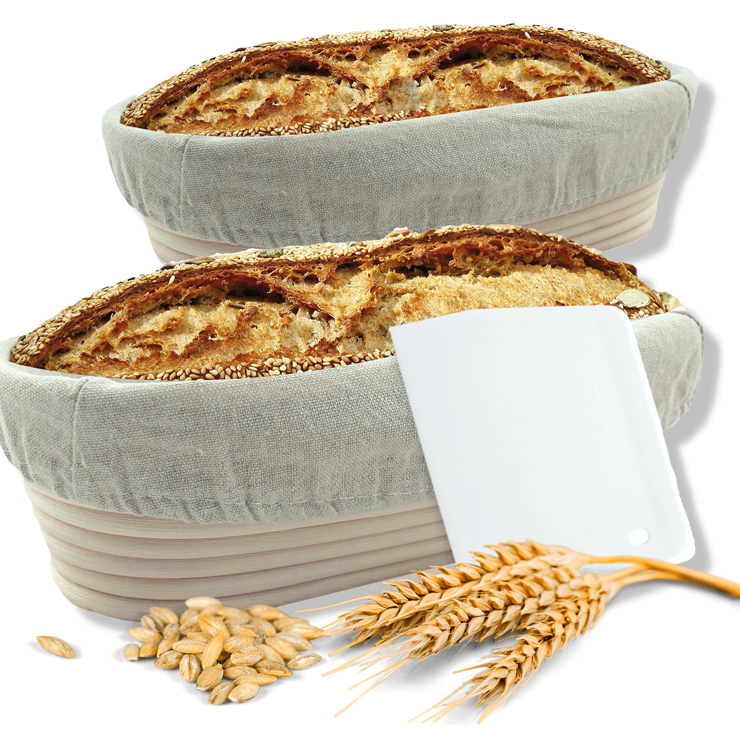 Premium Oval Bread Proofing Baskets Set (28cm & 35cm) with Stainless Steel Brackets, Dough Scraper & Linen Cloth – Natural Fermentation Dough Rising Basket for Artisan Sourdough, Homemade Bread Baking – Perfect for Bakers & Bread Making Enthusiasts