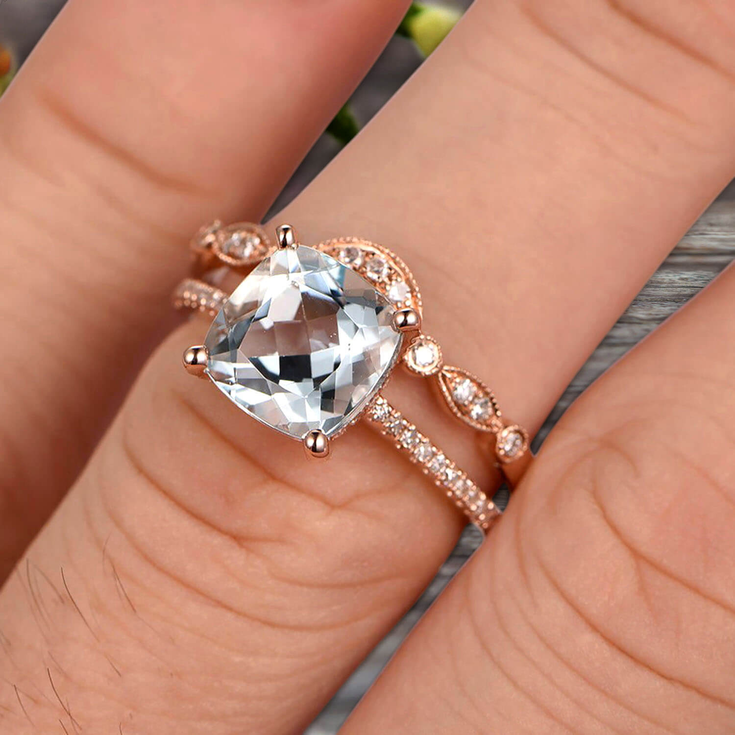 1.75 Carat 2Pcs Aquamarine Wedding Ring Set - Cushion Cut Aquamarine Engagement Ring with 10k Rose Gold Curved Art Deco Matching Band - Personalized Bridal Jewelry for Weddings, Anniversaries & Special Occasions