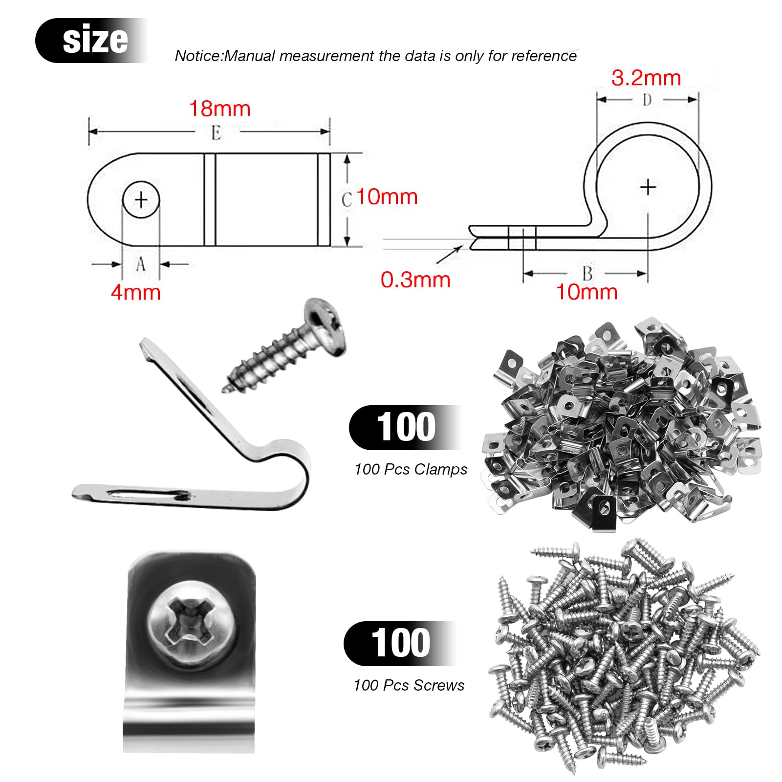 100Pcs Stainless Steel Wire Fence Clips with Screws - 3.2mm Diameter Heavy Duty Fencing Mounting Clips for 12-16 Gauge Wire - Secure Vinyl, Wood & Metal Fences - Perfect for Farm, Garden & Livestock Enclosures