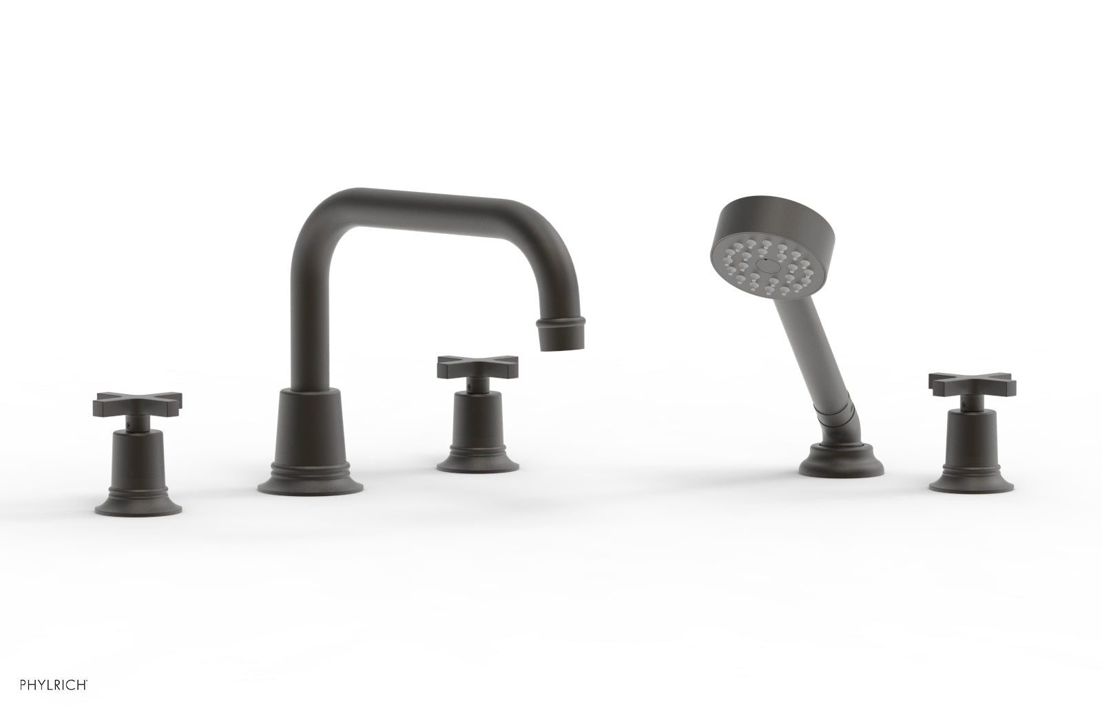HEX MODERN 3-Piece Deck Mount Tub Faucet Set with Hand Shower and Cross Handles - Matte Black Finish for Bathroom & Spa Relaxation (Model 501-52)