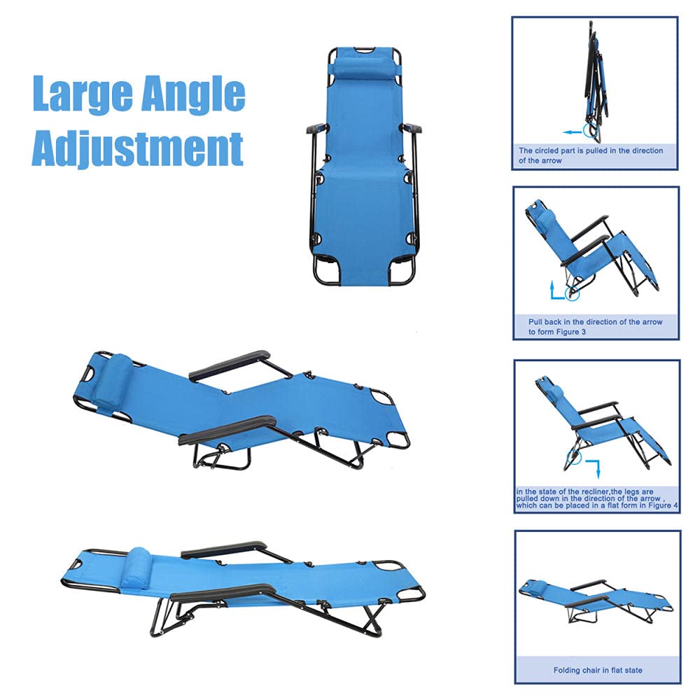 Portable Folding Beach Chair with Pillow - Adjustable Reclining Lounge Chair for Outdoor, Camping, Patio, Pool & Lawn - Lightweight & Comfortable for Sunbathing, Relaxing & Travel (Blue)