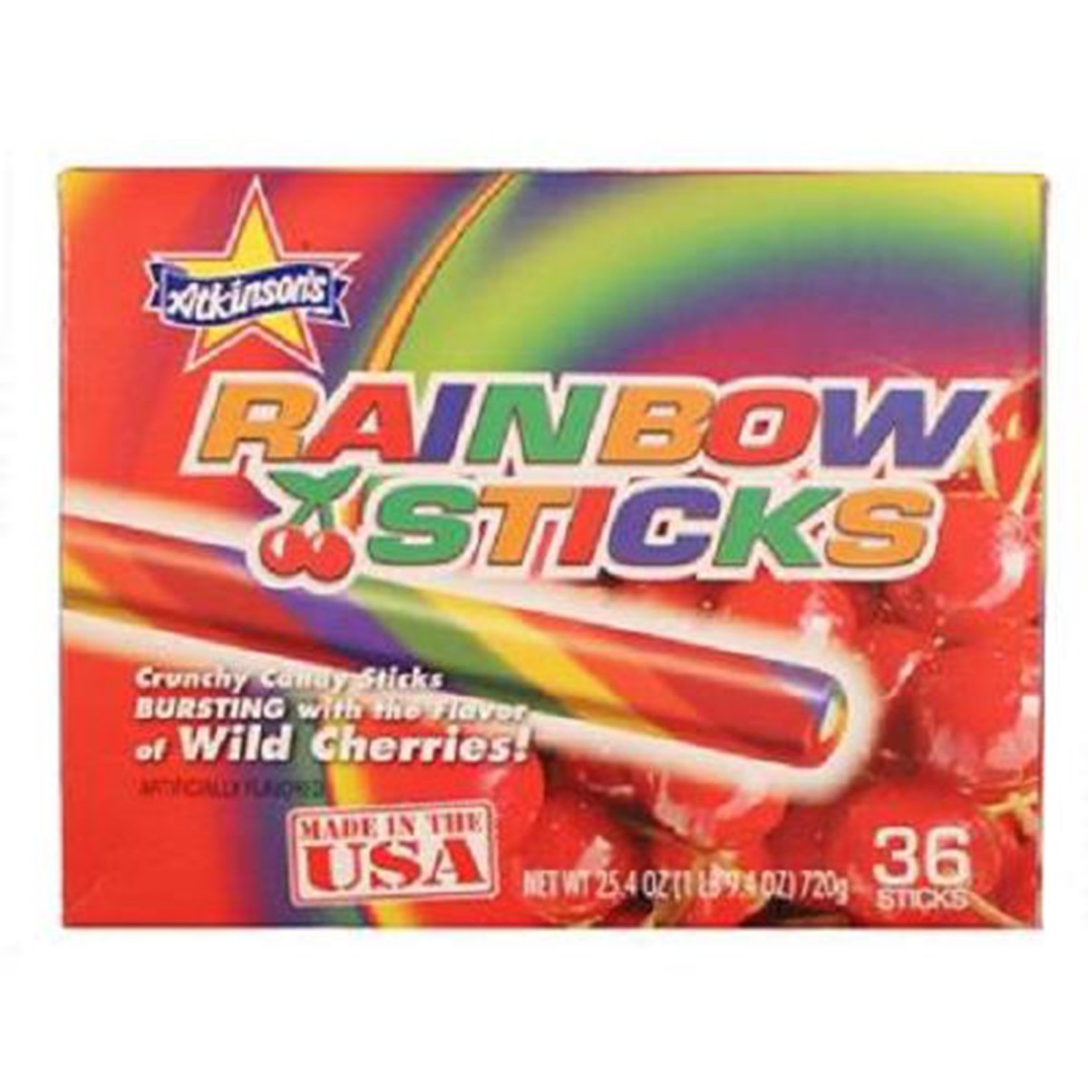 Atkinsons Rainbow Sticks Wild Cherries Candy - 36 Count Box | Assorted Flavors Sugar Candy for Parties, Gifts & Sweet Treats | Perfect for Birthdays, Halloween & Holiday Celebrations