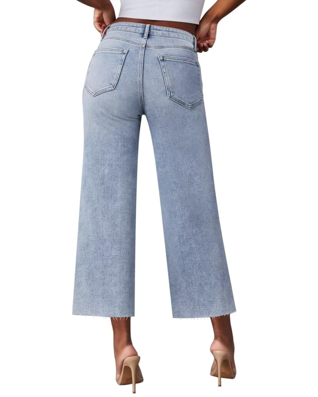 Women's Wide Leg Jeans - High Waisted Stretchy Straight Leg Crop Capri Pants with Raw Hem | Comfortable & Trendy Casual Wear for Everyday Outfits
