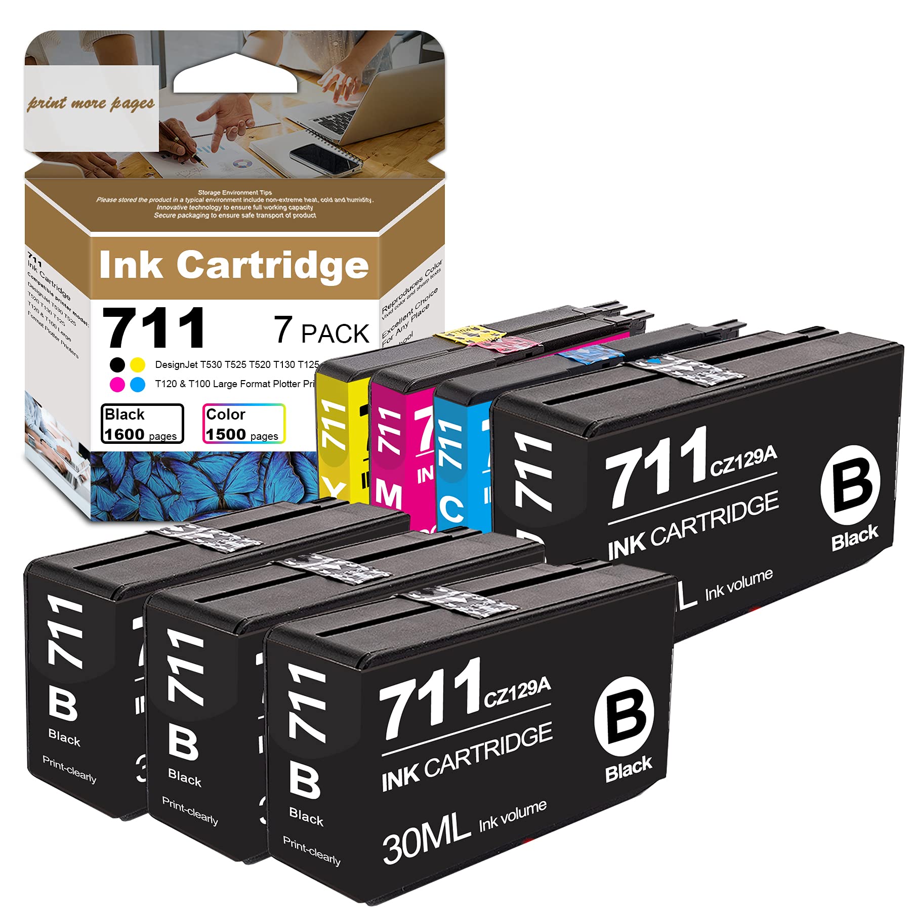 7-Pack HP DesignJet Ink Cartridges (4BK+1C+1M+1Y) for T530/T130/T125/T120 Printers - Large Format Plotter Replacement