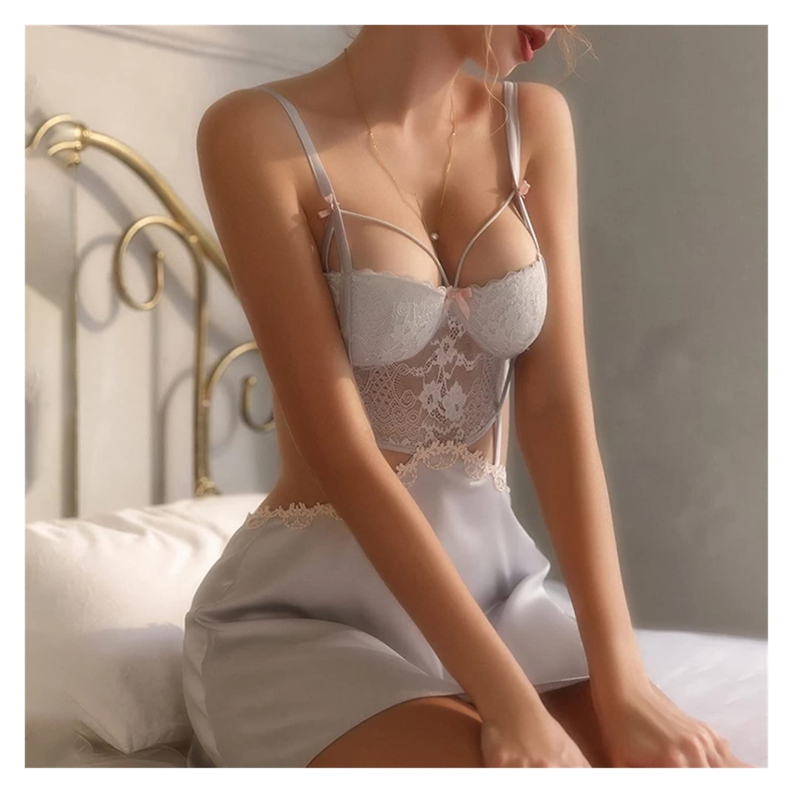 **Sexy Lace Sling Nightwear for Women - Backless Satin Nightgown with Panties - Comfortable Sleepwear & Lingerie for Date Night, Honeymoon, and Special Occasions (Color: A, Size: L)**