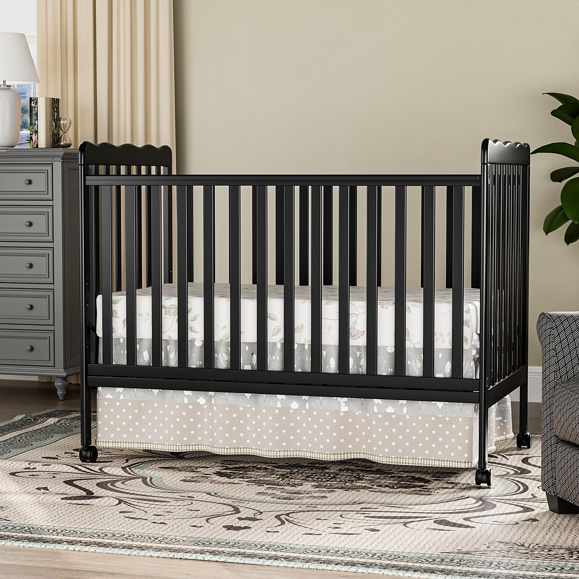 3-in-1 Convertible Baby Crib to Toddler Bed - Full Size Wooden Nursery Furniture with Locking Wheels & Non-Toxic Finish (Black) | Safe & Stylish Sleeping Solution for Newborns, Infants & Toddlers | Perfect for Daycare Centers & Home Nurseries