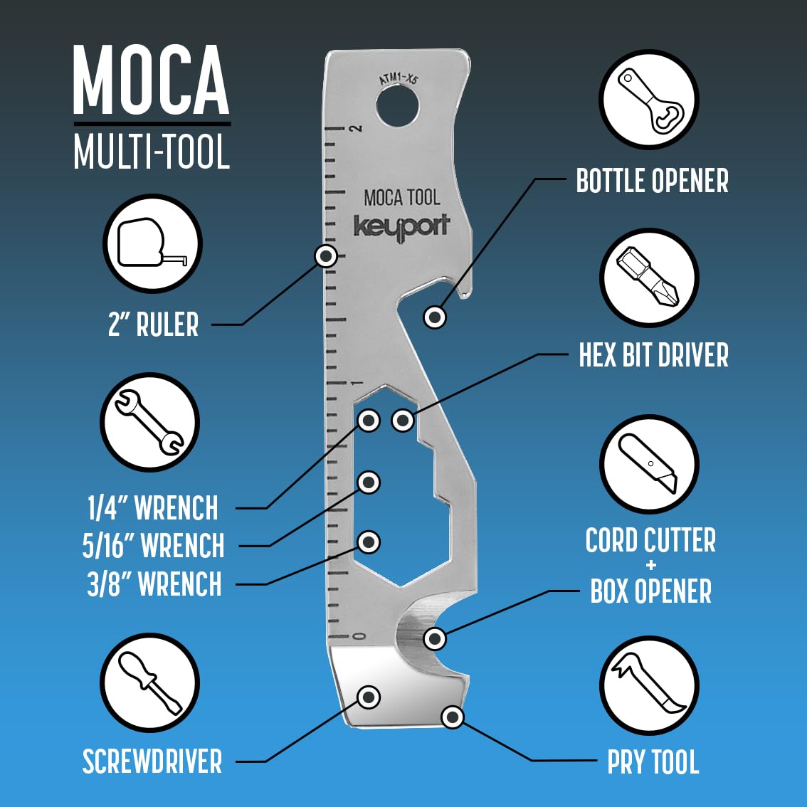 Keyport MOCA 10-in-1 Stainless Steel Keychain Multitool - EDC Gear with Pry Bar, Bottle Opener, Screwdriver, Box Cutter & Cord Cutter | TSA Approved Key Organizer | Perfect for Everyday Carry, Outdoor Adventures & Emergency Situations
