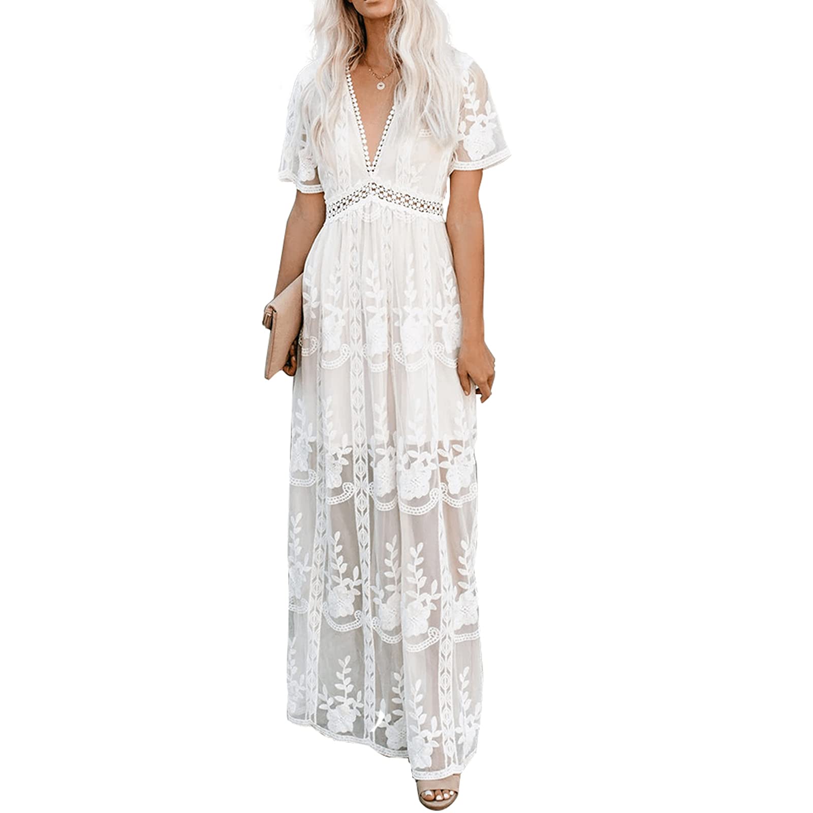 Women's Deep V Neck Short Sleeve Floral Lace Maxi Dress - Elegant Long Bridesmaid Gown for Weddings, Parties & Summer Events