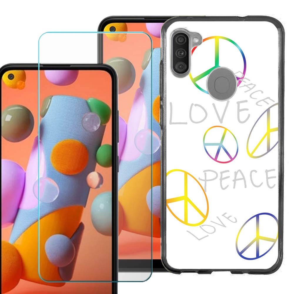 OneToughShield Slim-Fit TPU Phone Case for Samsung Galaxy A11 - Black with Tempered Glass Screen Protector | Durable Protection for Everyday Use | Love & Peace Design