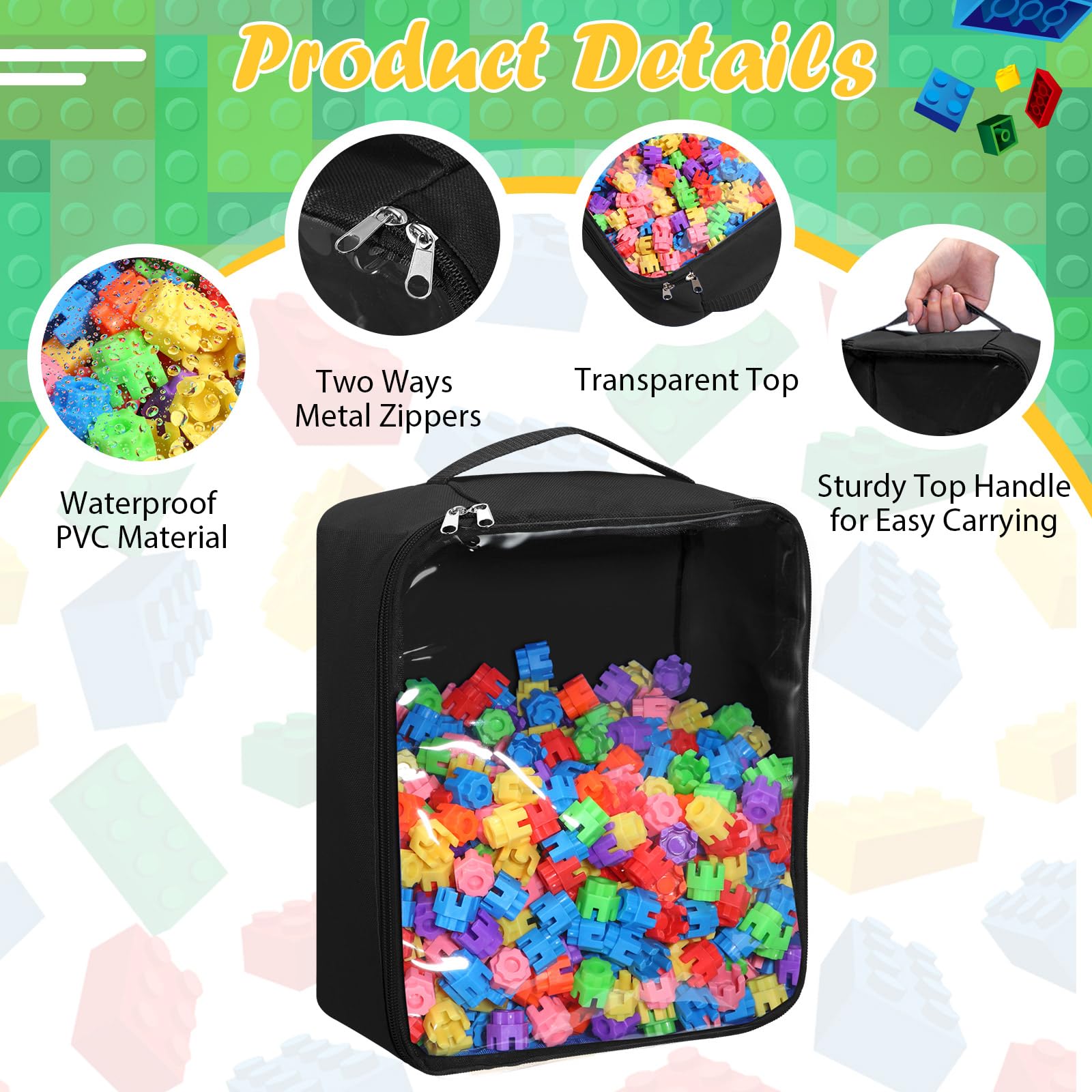 6-Pack Large Reusable Oxford Fabric Toy Storage Bags with Clear PVC Window - Organizer for Building Blocks, Puzzles & Board Games - Perfect for Kids' Room, Playroom & Travel Organization (Black)