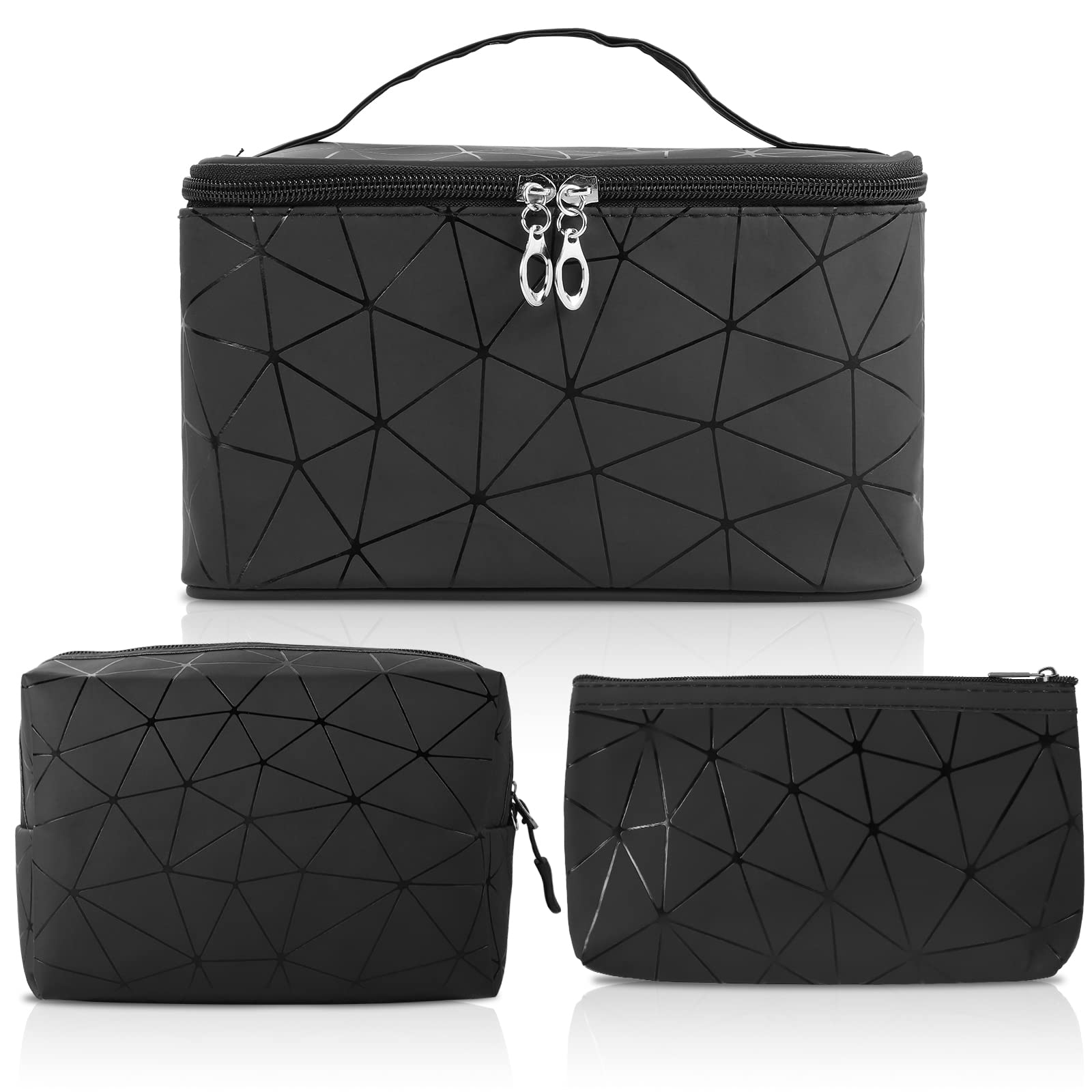3-Piece Travel Makeup Bag Set with Brush Holder - Portable Cosmetic Organizer for Women, Black Toiletry Pouch for Daily Use & Vacation Essentials