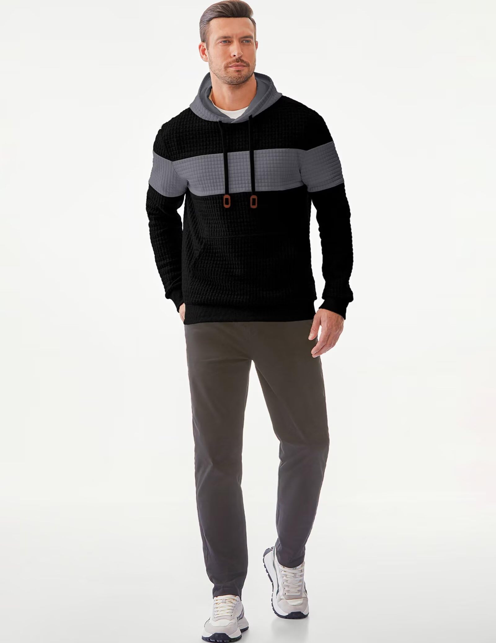 JMIERR Men's Waffle Knit Hoodie with Kangaroo Pocket - Casual Long Sleeve Pullover Sweatshirt for Outdoor Activities, Hiking & Streetwear Fashion