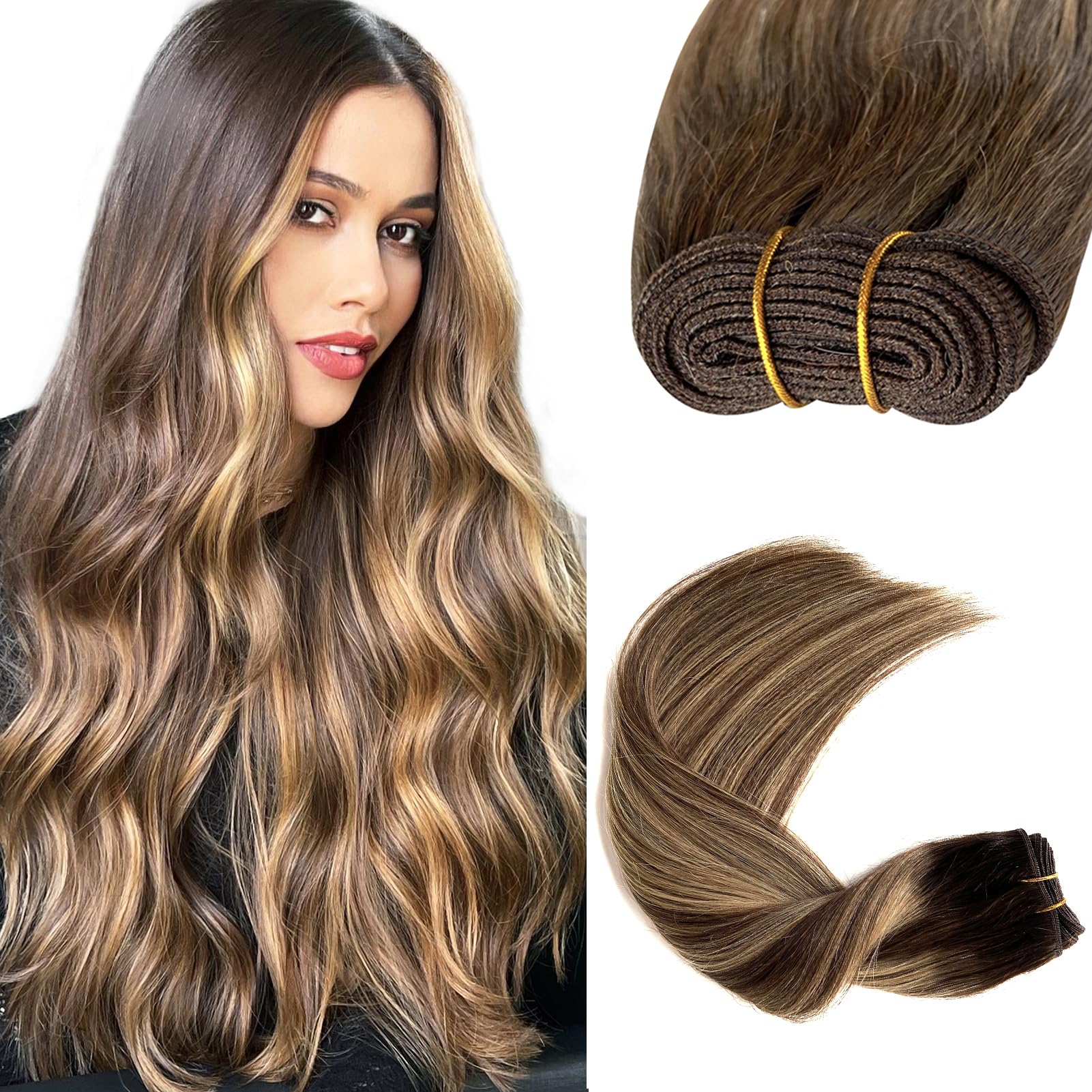 14Inch 80G Ombre Brown & Caramel Blonde Balayage Sew-In Weft Hair Extensions - 100% Real Human Hair Bundles for Natural Volume & Styling - Perfect for Daily Wear, Special Occasions & Salon Styling