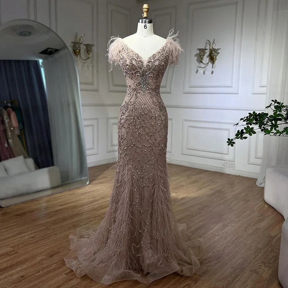 Elegant Champagne Mermaid Evening Dress with Diamond Feathers - Sleeveless Formal Beaded Gown for Women | Perfect for Prom, Wedding Guest & Black Tie Events - LA70350