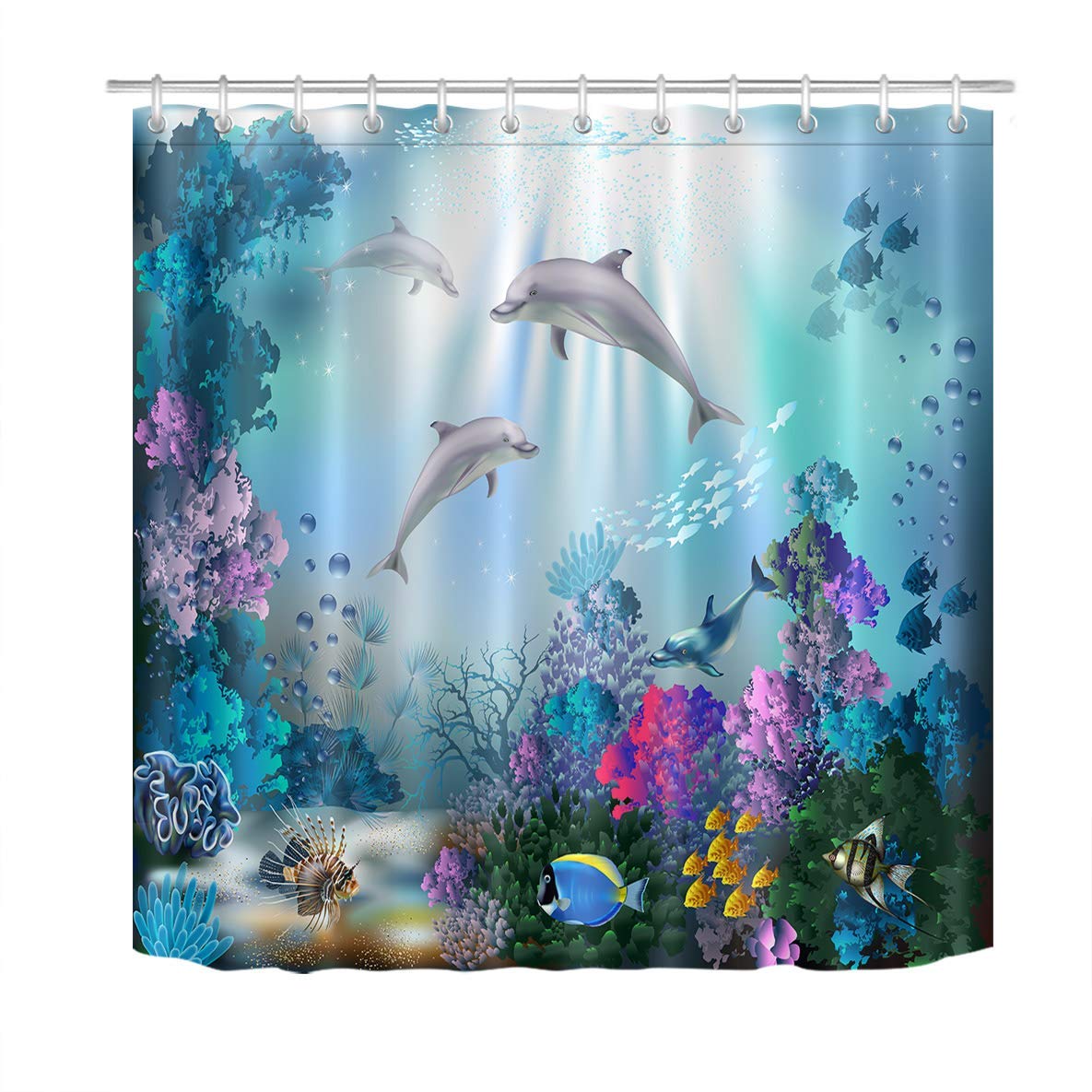 Dolphin Shower Curtain for Kids - Blue Ocean Underwater Theme with Fish & Coral Reef Design | 72x78 Inch Extra Long Waterproof Polyester Fabric | Perfect for Bathroom Decor, Beach House, or Nautical Nursery