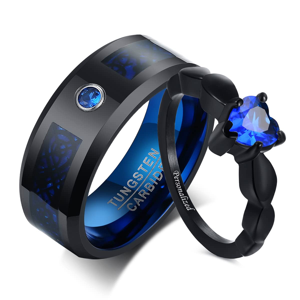 Personalized Wedding Engagement Promise Rings for Couples - Matching Cubic Zirconia CZ Heart Rings, His & Hers Custom Couple Bands - Perfect for Anniversaries, Proposals & Romantic Gifts