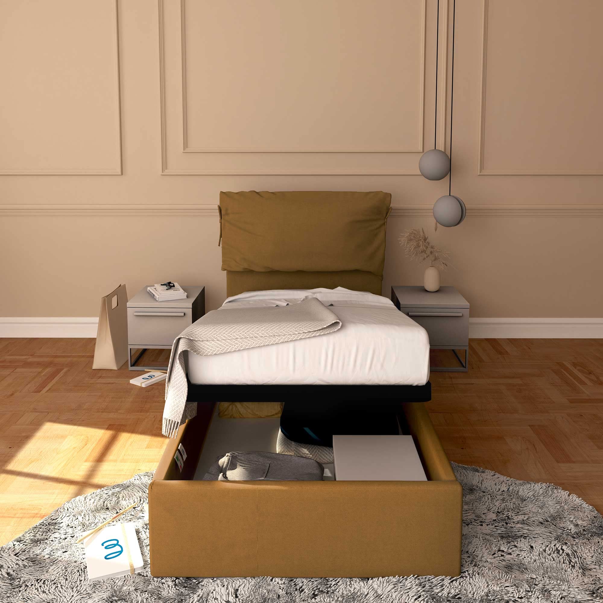 Baldiflex Single Bed with Storage - Licia Soft Faux Leather Upholstery, Slatted Base for Single Mattress, 90 x 190 cm, Padded Headboard, Hazel Color - Perfect for Small Bedrooms, Guest Rooms & Studio Apartments