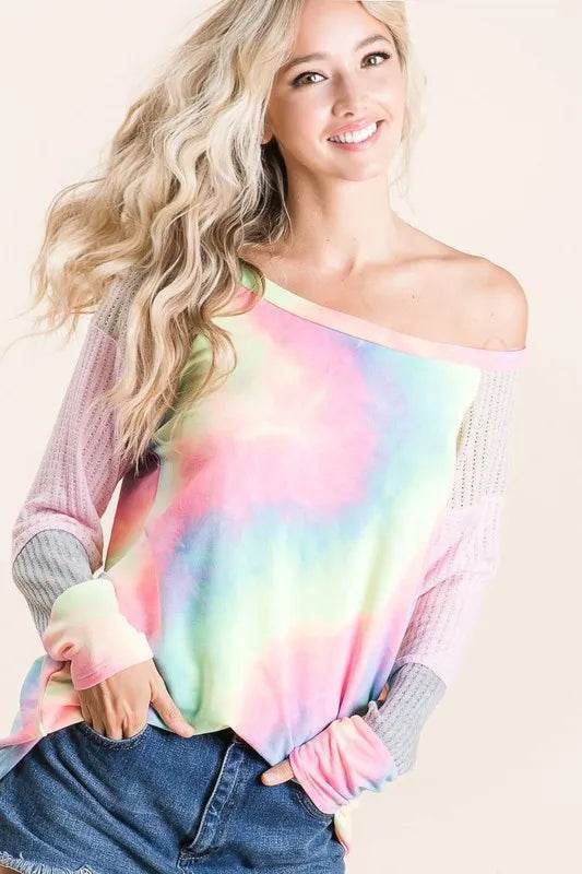 Pastel Tie Dye Bibi Terry Top with Color Block Pointelle Knit - Soft & Stylish Women's Casual Shirt for Summer Outings & Beach Vacations
