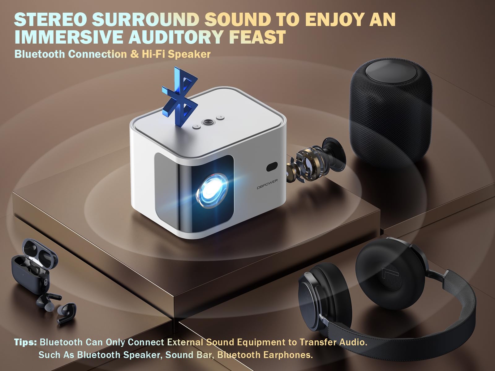 DBPOWER 5G WiFi Mini Bluetooth Projector 4K Support, 300 ANSI Lumens HD 1080P Portable Video Projector with ±40° Vertical Keystone, Zoom & Timer - Smartphone Compatible Outdoor Movie Projector for Home Theater, Camping, and Backyard Entertainment (White)