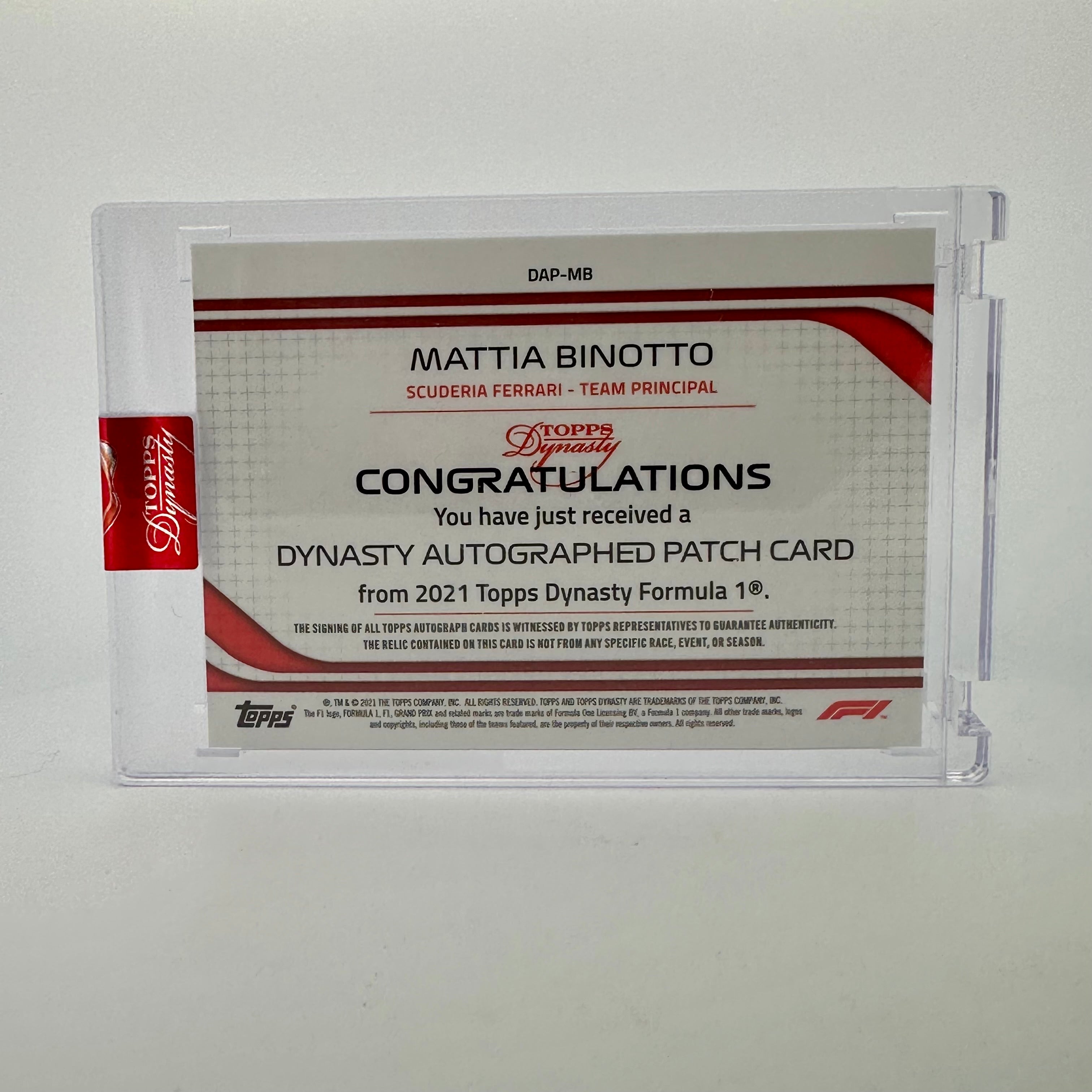 2021 Dynasty Mattia Binotto Ferrari Autograph Patch #DAP MB - Red 5/5 - Collectible Racing Memorabilia for F1 Fans & Sports Enthusiasts