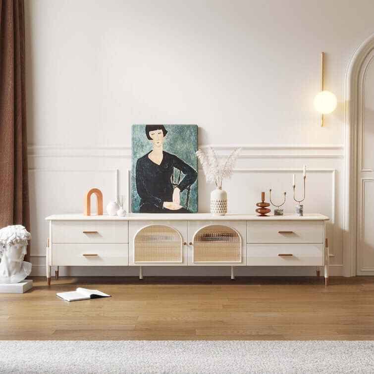 Modern Beige TV Stand with Glass Doors, LED Lighting & 4 Storage Drawers - Perfect for Living Room Entertainment Centers & Home Theater Setups