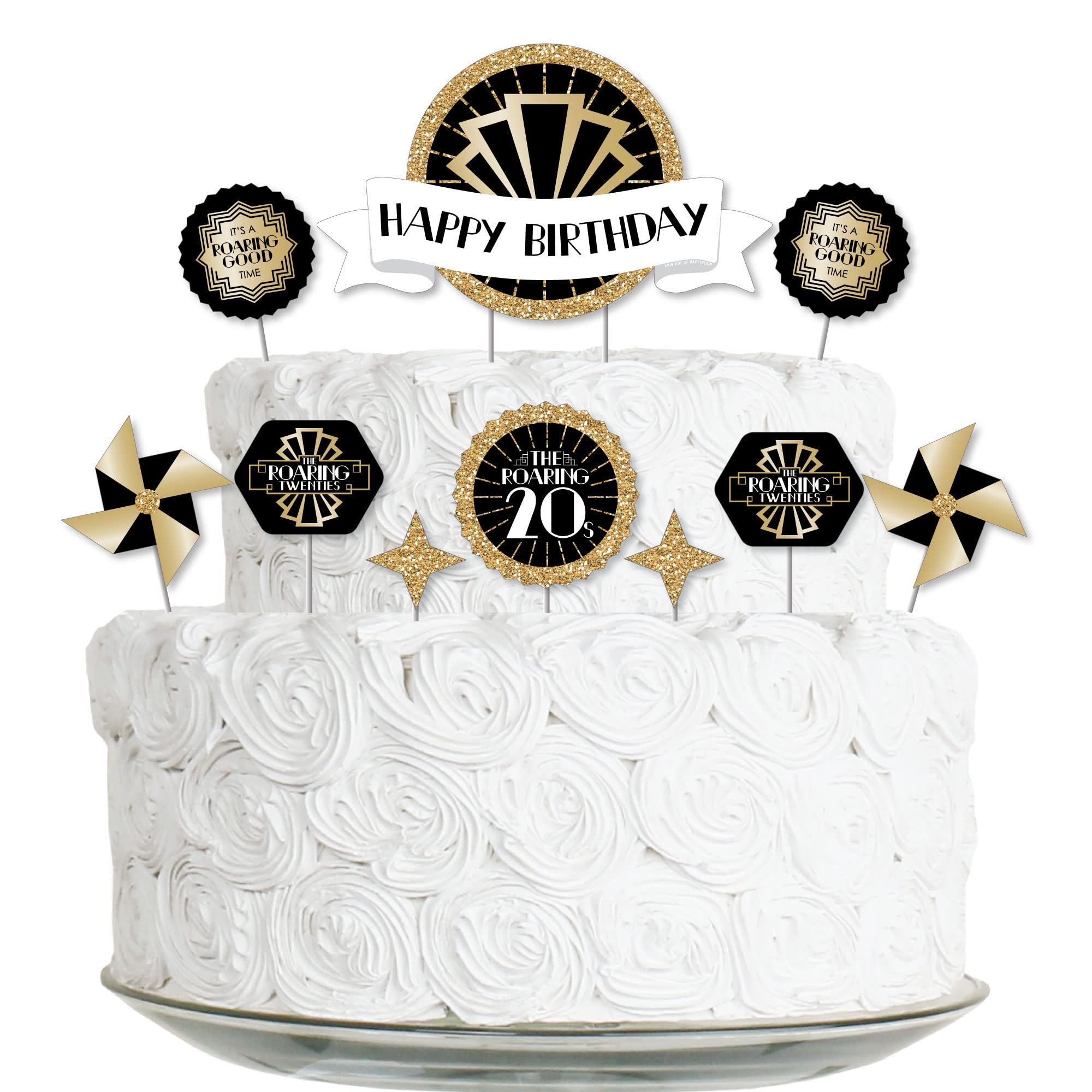 Roaring 20’s 1920s Art Deco Jazz Birthday Party Decorations - 11-Piece Cake Topper Set for Gatsby Themed Parties, Speakeasy Events & Vintage Celebrations - Big Dot of Happiness