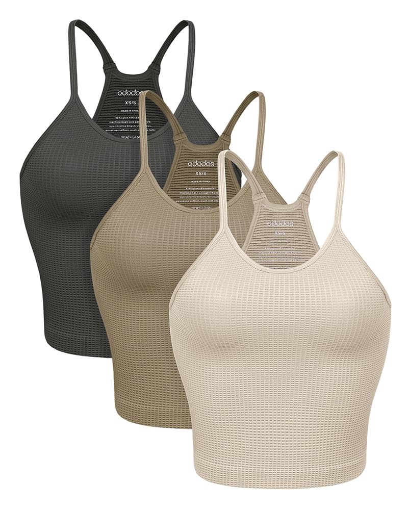 ODODOS Women's Seamless Waffle Knit Camisole Crop Tank Tops - 3 Pack Soft Comfortable Stretchy Basic Layering Tops for Casual Wear, Yoga & Lounge