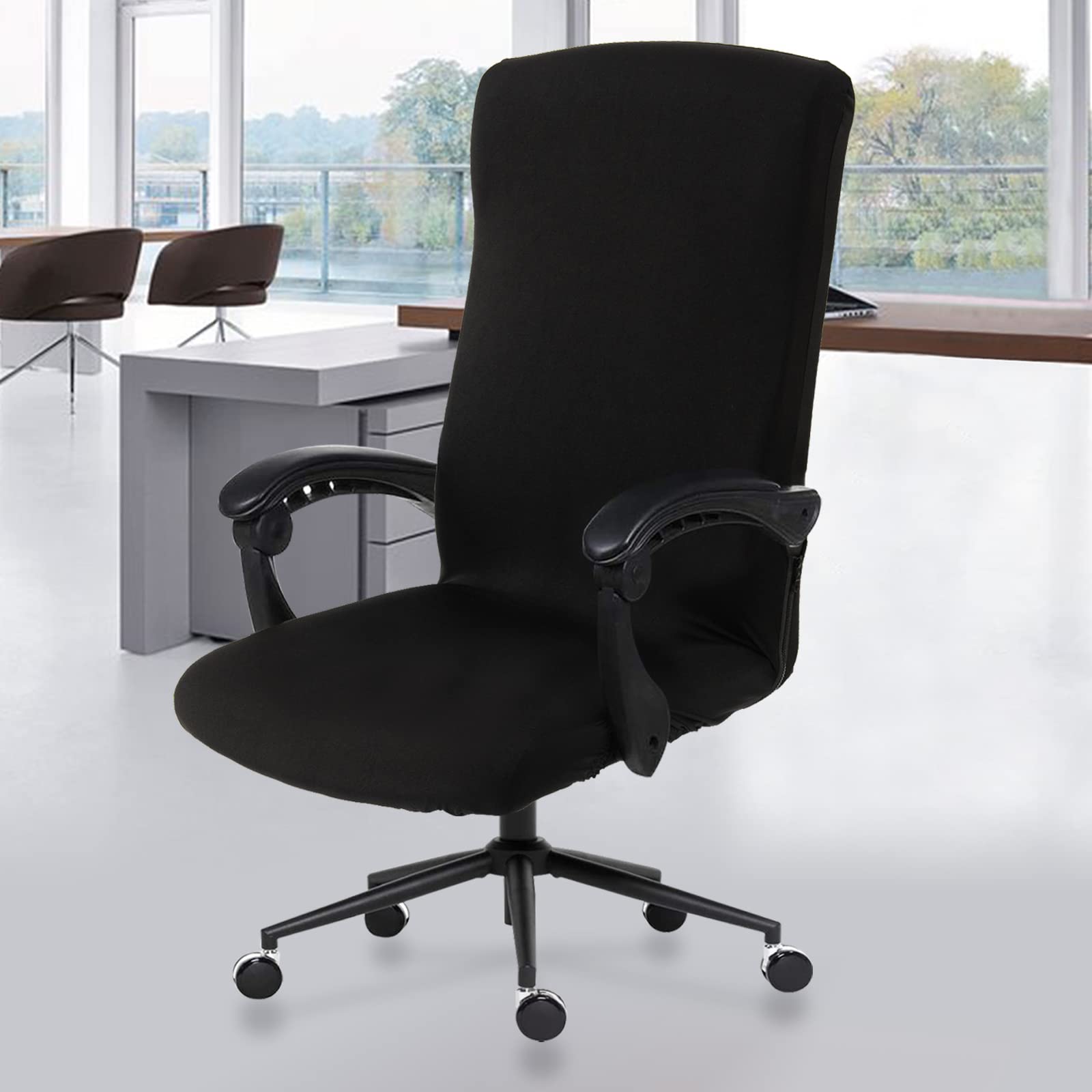 Waterproof Office Chair Cover with Heavy Duty Zipper - Stretchable Universal Computer Chair Protector - Soft Polyester Slipcover for Swivel Chair, Desk Chair (Black) - Perfect for Home Office, Gaming Setup & Conference Rooms