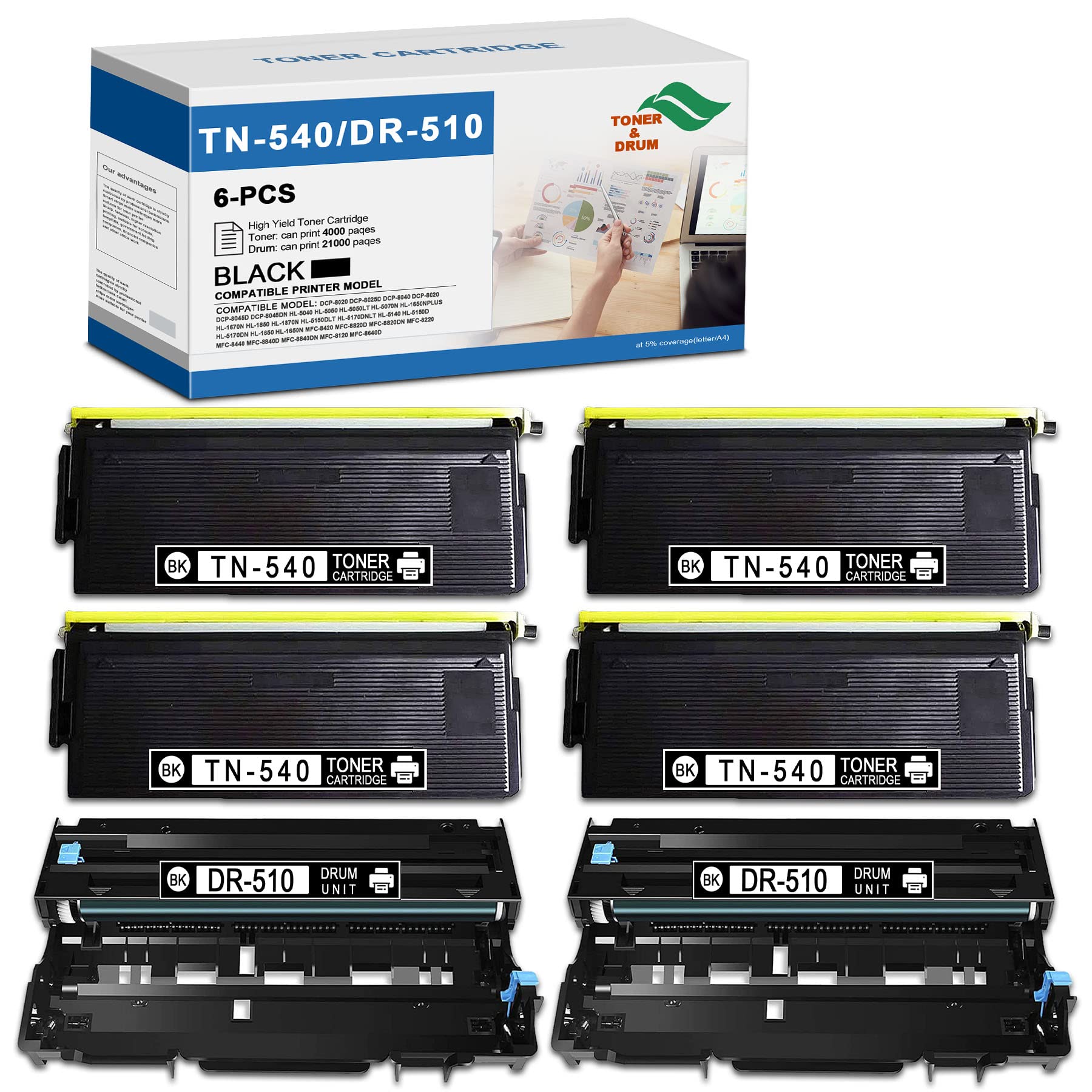 Brother DR510 Drum & TN540 Toner 6-Pack - Compatible for DCP-8040/HL-5140 Printers - Home & Office Use