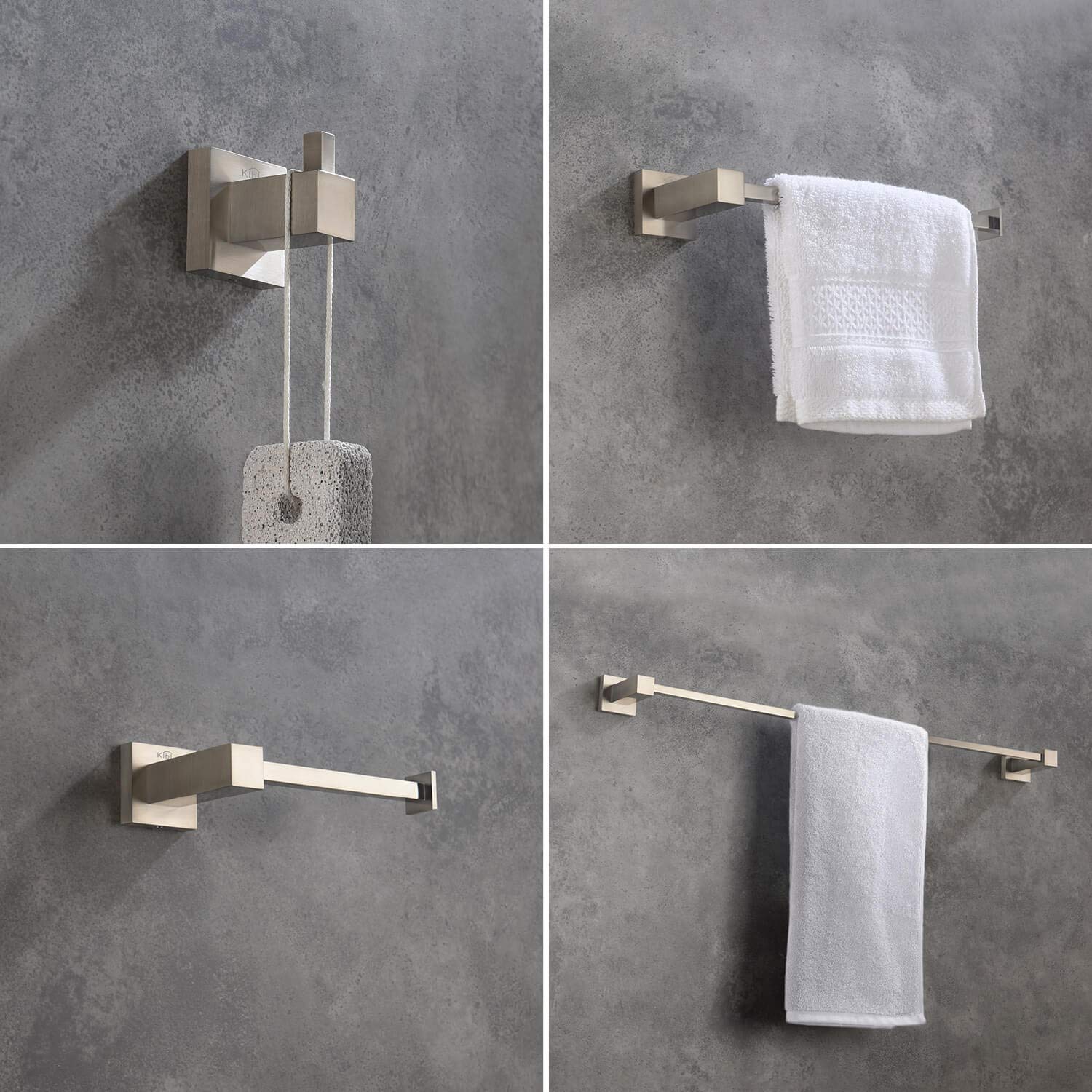 KIBI 4-Piece Bathroom Hardware Set - Solid Brass Towel Bar, Towel Ring, Toilet Paper Holder & Robe Hooks - Brushed Nickel Finish (C-KBA15-4) | Modern Bathroom Accessories for Home & Hotel Decor | Perfect for Powder Rooms, Master Baths & Spa-Style Retreats