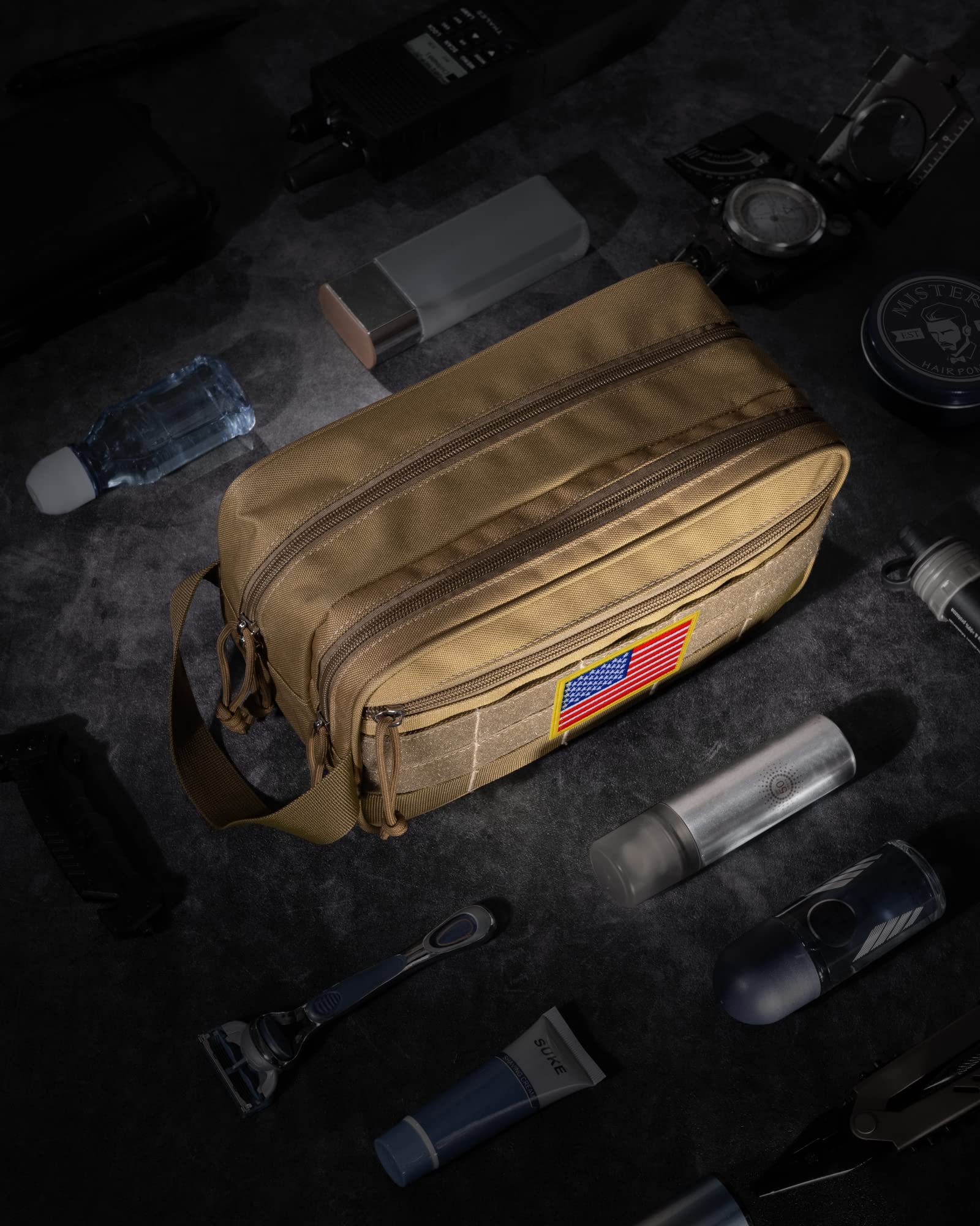 TACTICISM Men's Travel Toiletry Bag - Large Capacity Water-Resistant Shaving Kit with Wet/Dry Separate Compartments & MOLLE System - Perfect for Camping, Gym, Business Trips & Outdoor Adventures (Brown)
