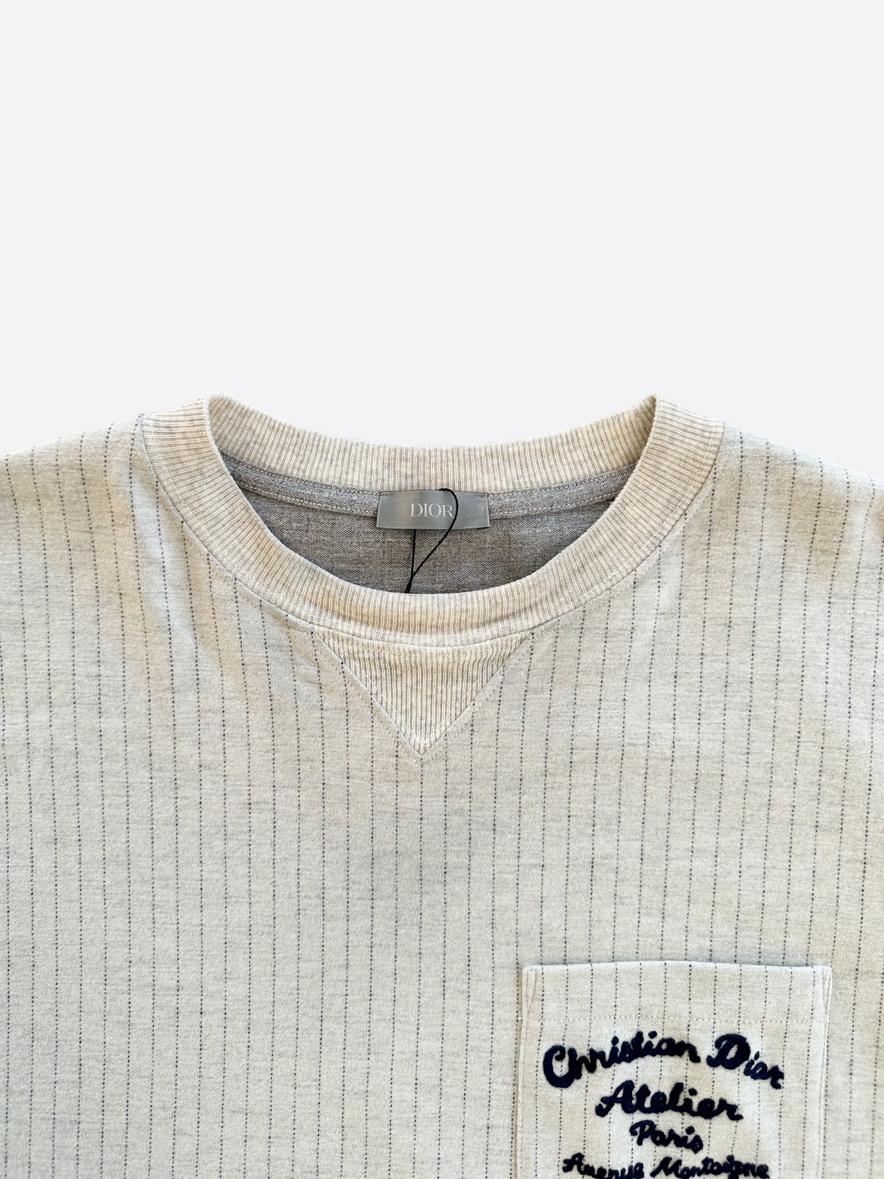 Dior Grey Pinstripe Atelier Embroidered T-Shirt for Men | Luxury Designer Cotton Tee | Perfect for Casual Wear & Special Occasions